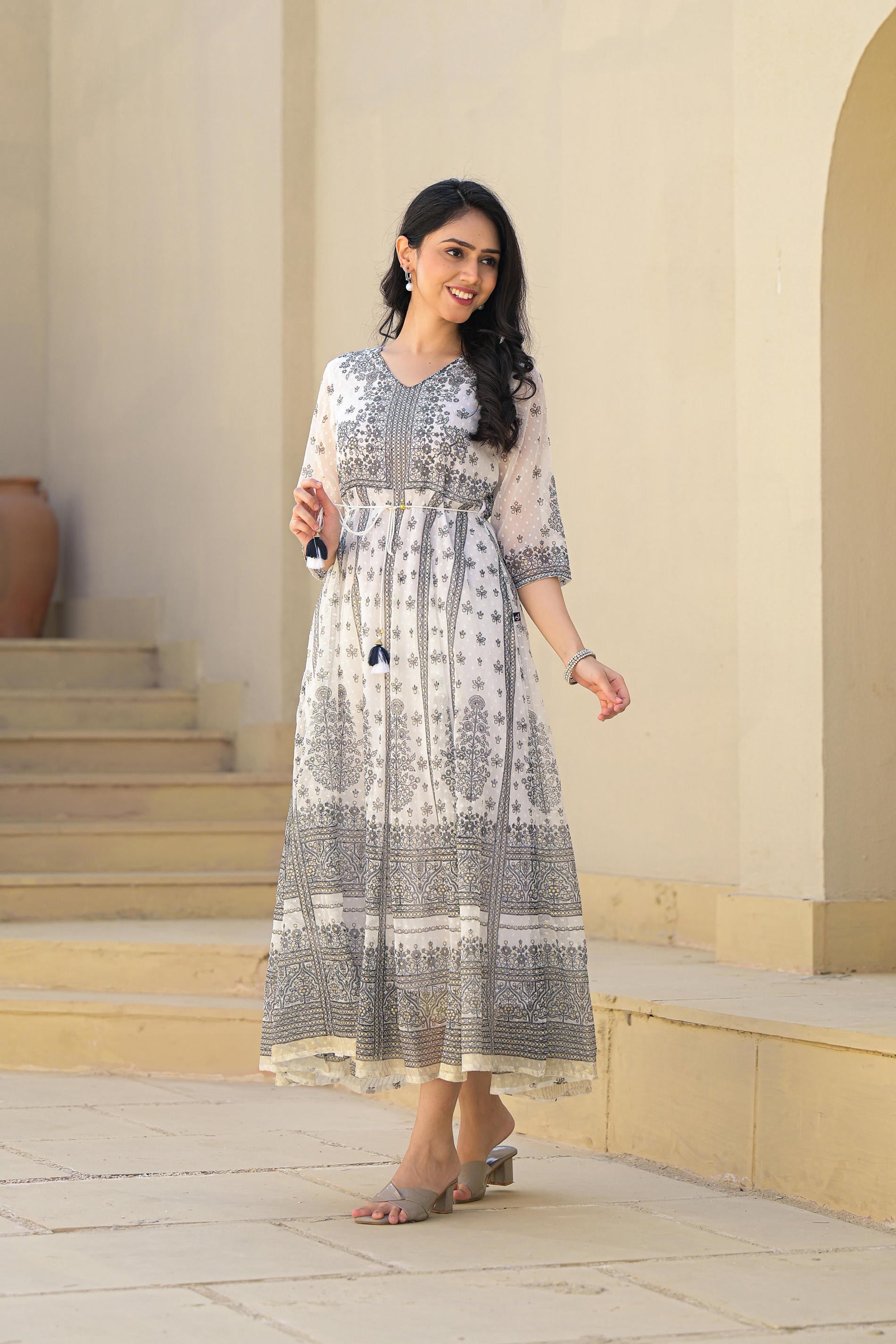 White Ethnic Motif Printed Chiffon Long Dress With Dori