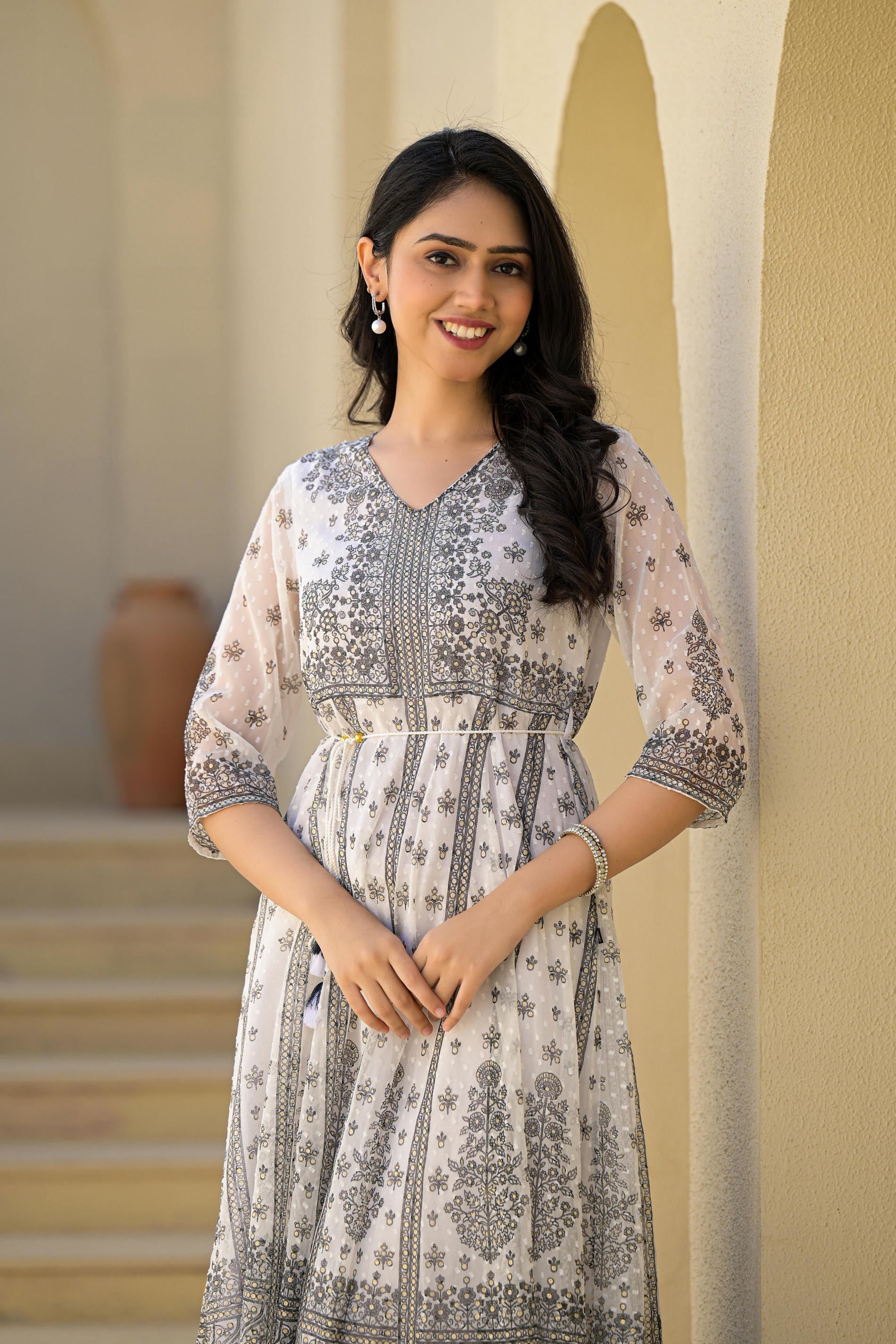 White Ethnic Motif Printed Chiffon Long Dress With Dori