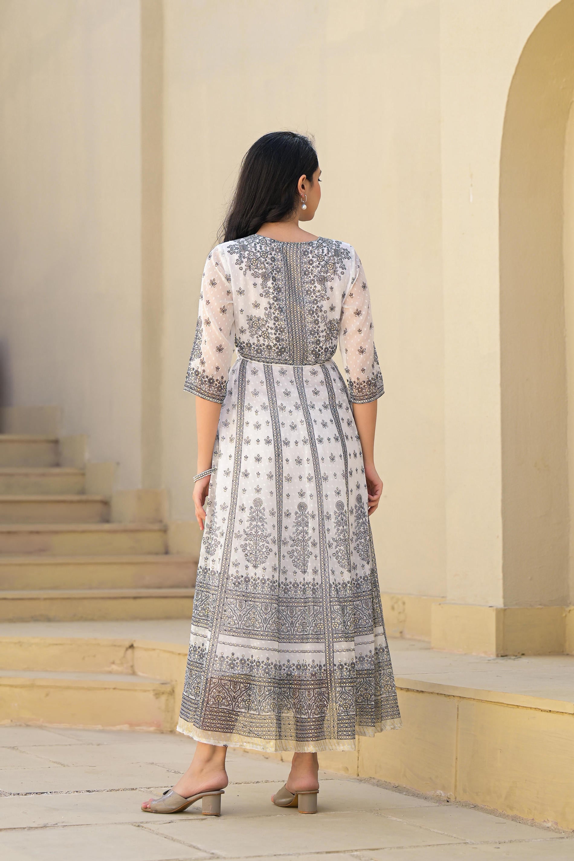 White Ethnic Motif Printed Chiffon Long Dress With Dori
