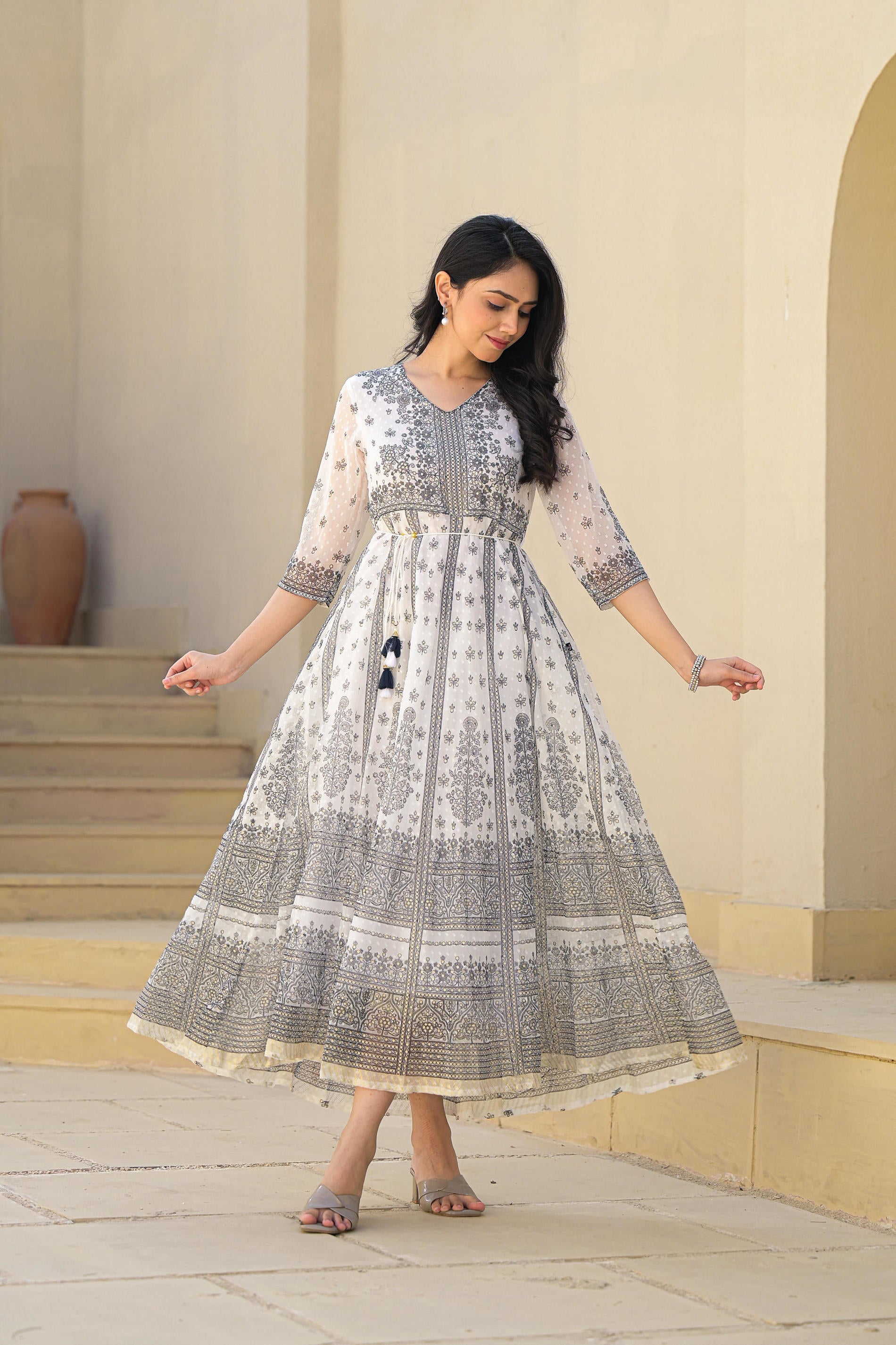 White Ethnic Motif Printed Chiffon Long Dress With Dori