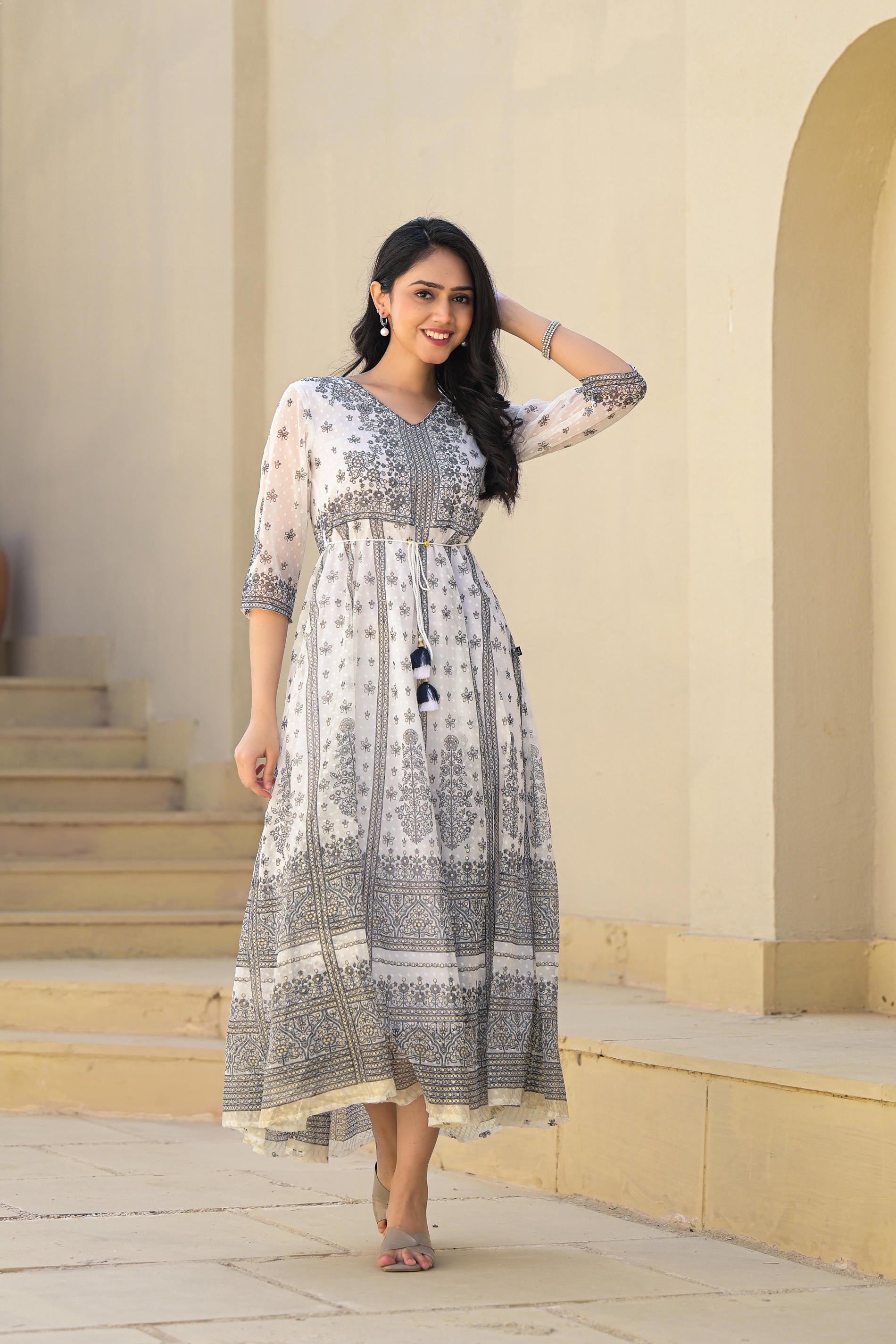 White Ethnic Motif Printed Chiffon Long Dress With Dori