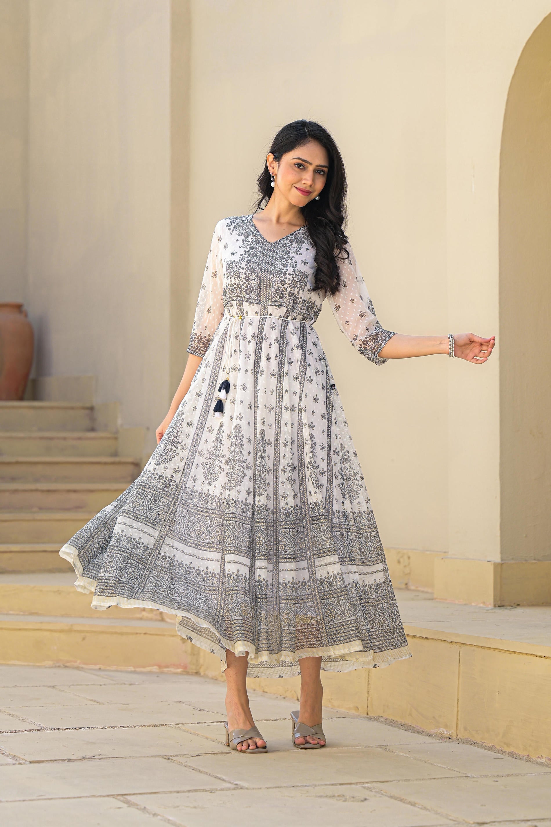 White Ethnic Motif Printed Chiffon Long Dress With Dori