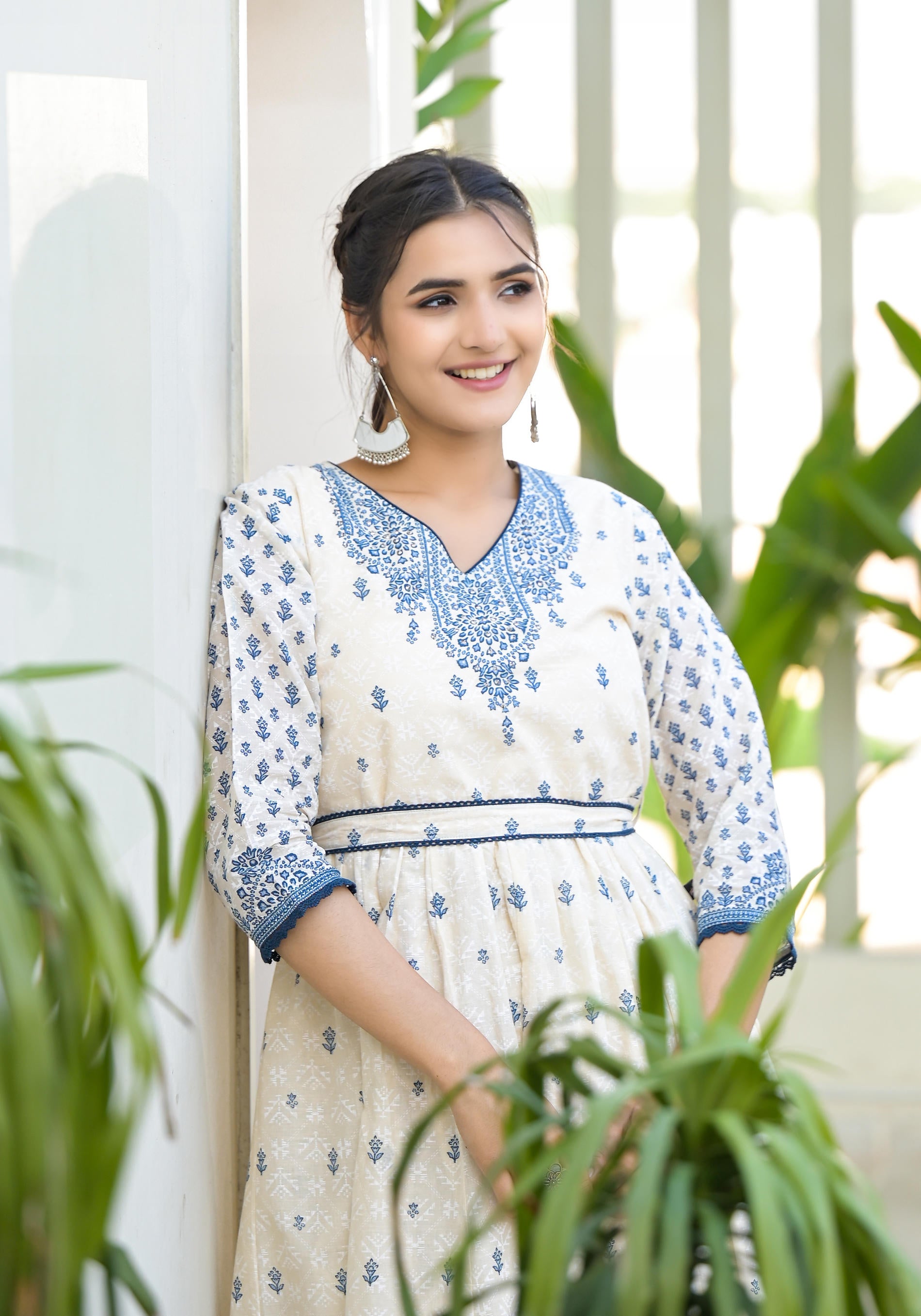 Serene Indigo Mughal Motif Cotton Midi Dress