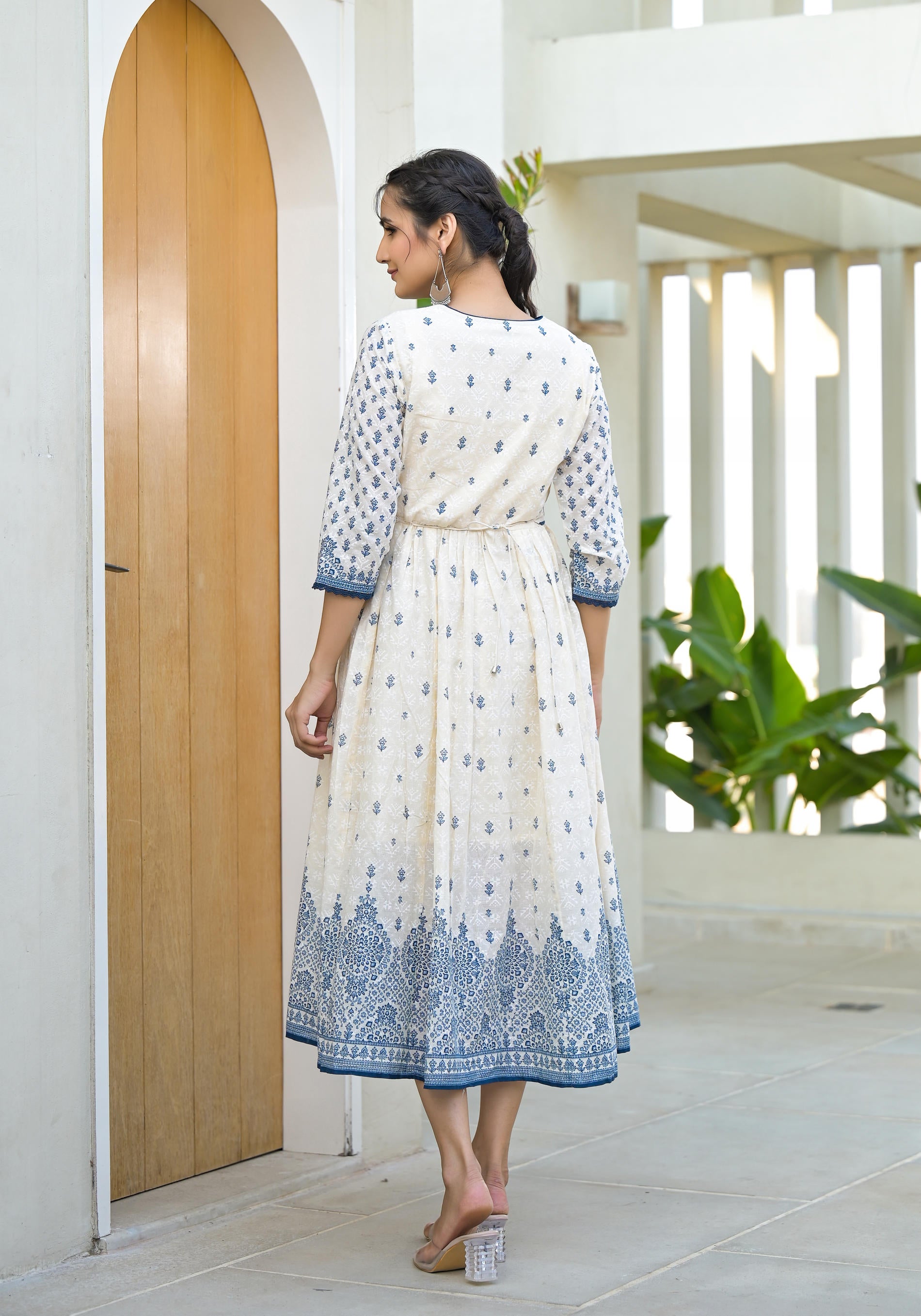 Serene Indigo Mughal Motif Cotton Midi Dress