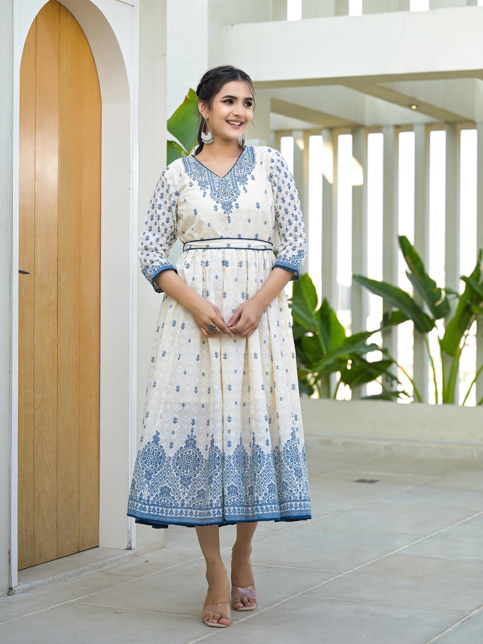 Serene Indigo Mughal Motif Cotton Midi Dress