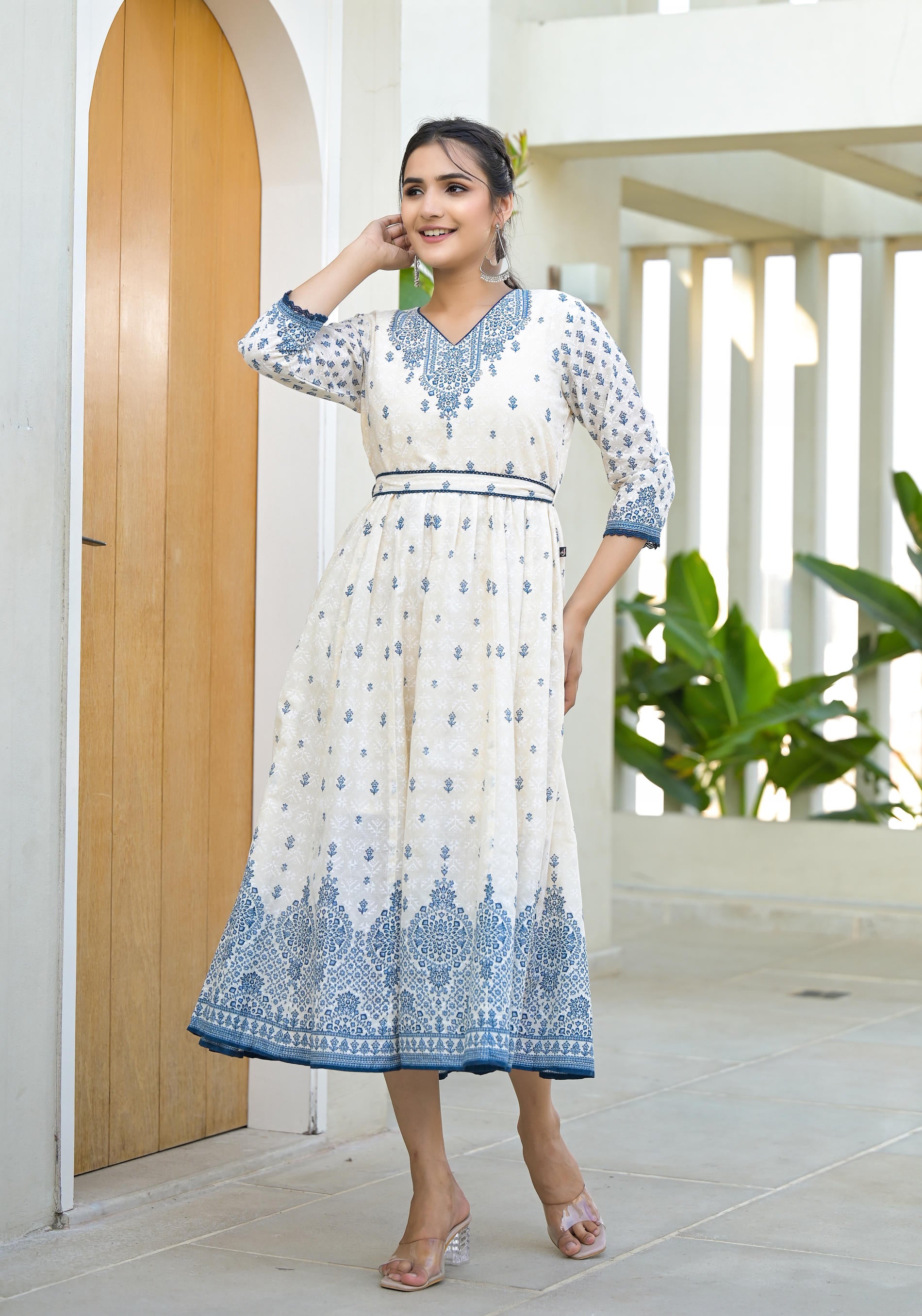 Serene Indigo Mughal Motif Cotton Midi Dress
