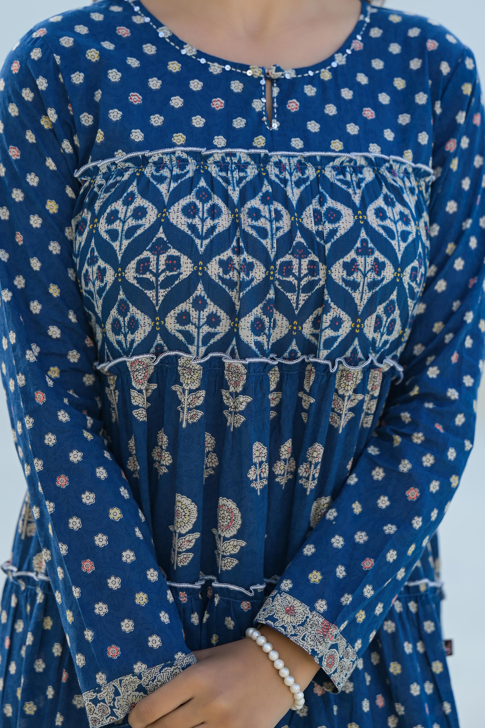 Indigo Ethnic Motif Printed Cotton Long Dress With Sequins & Thread Work