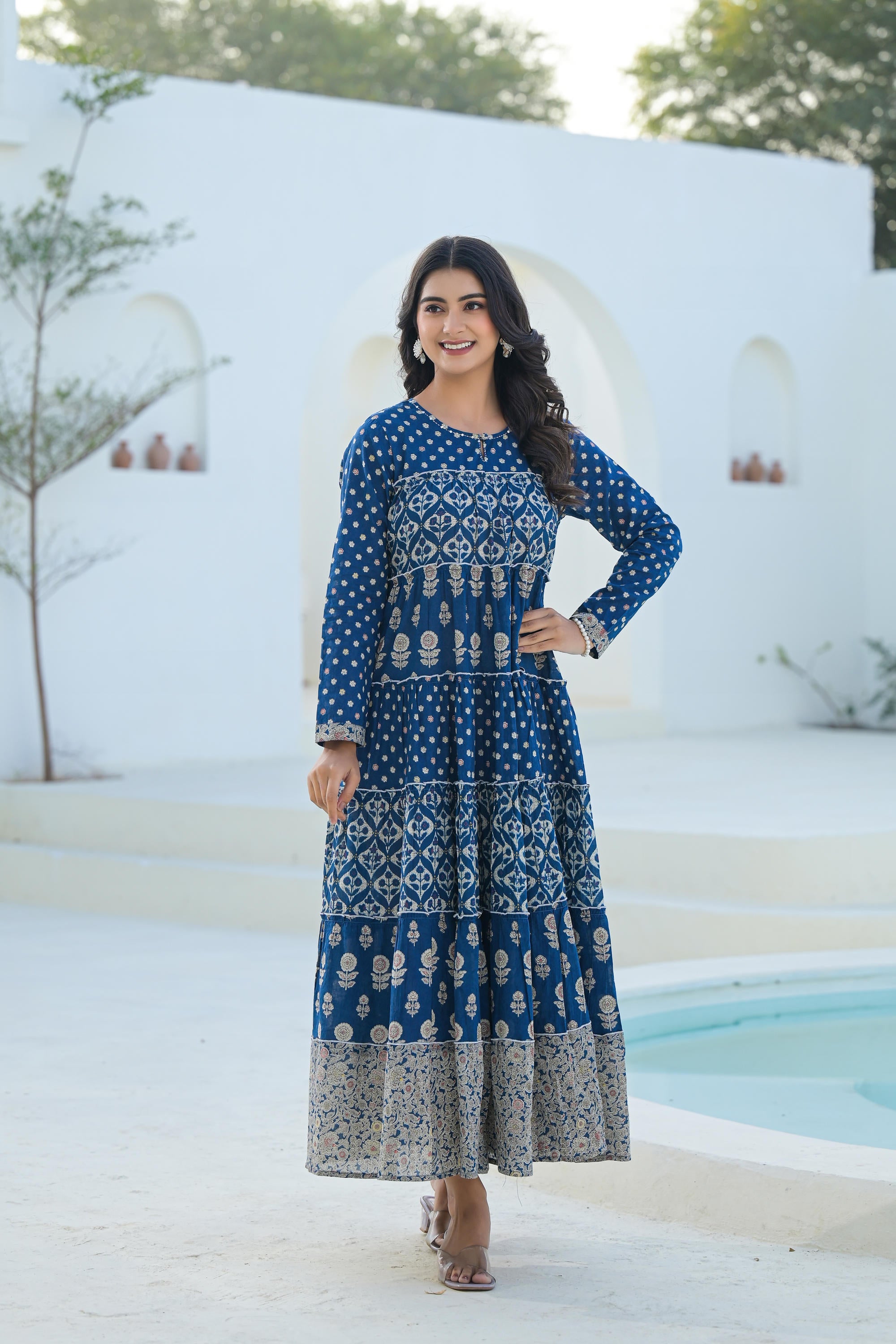 Indigo Ethnic Motif Printed Cotton Long Dress With Sequins & Thread Work