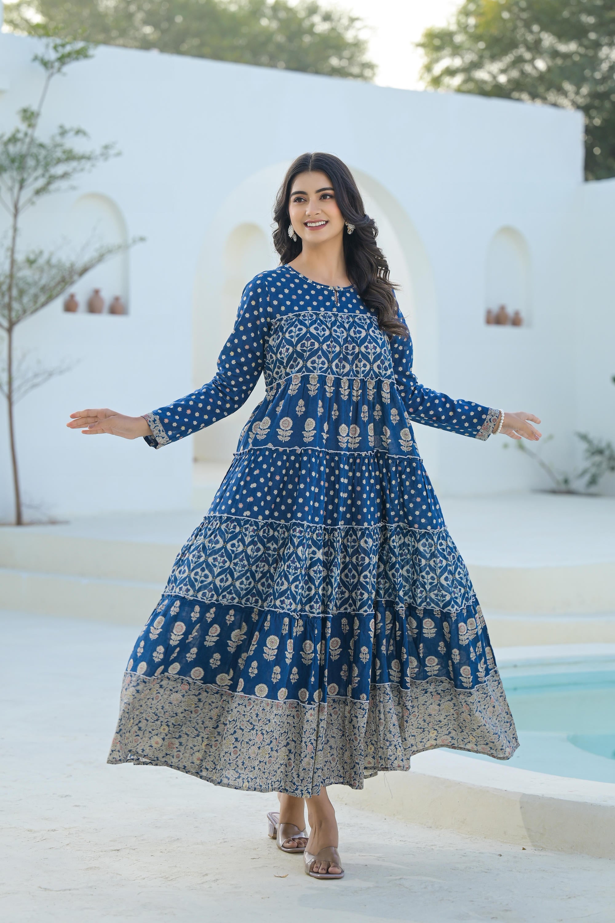 Indigo Ethnic Motif Printed Cotton Long Dress With Sequins & Thread Work