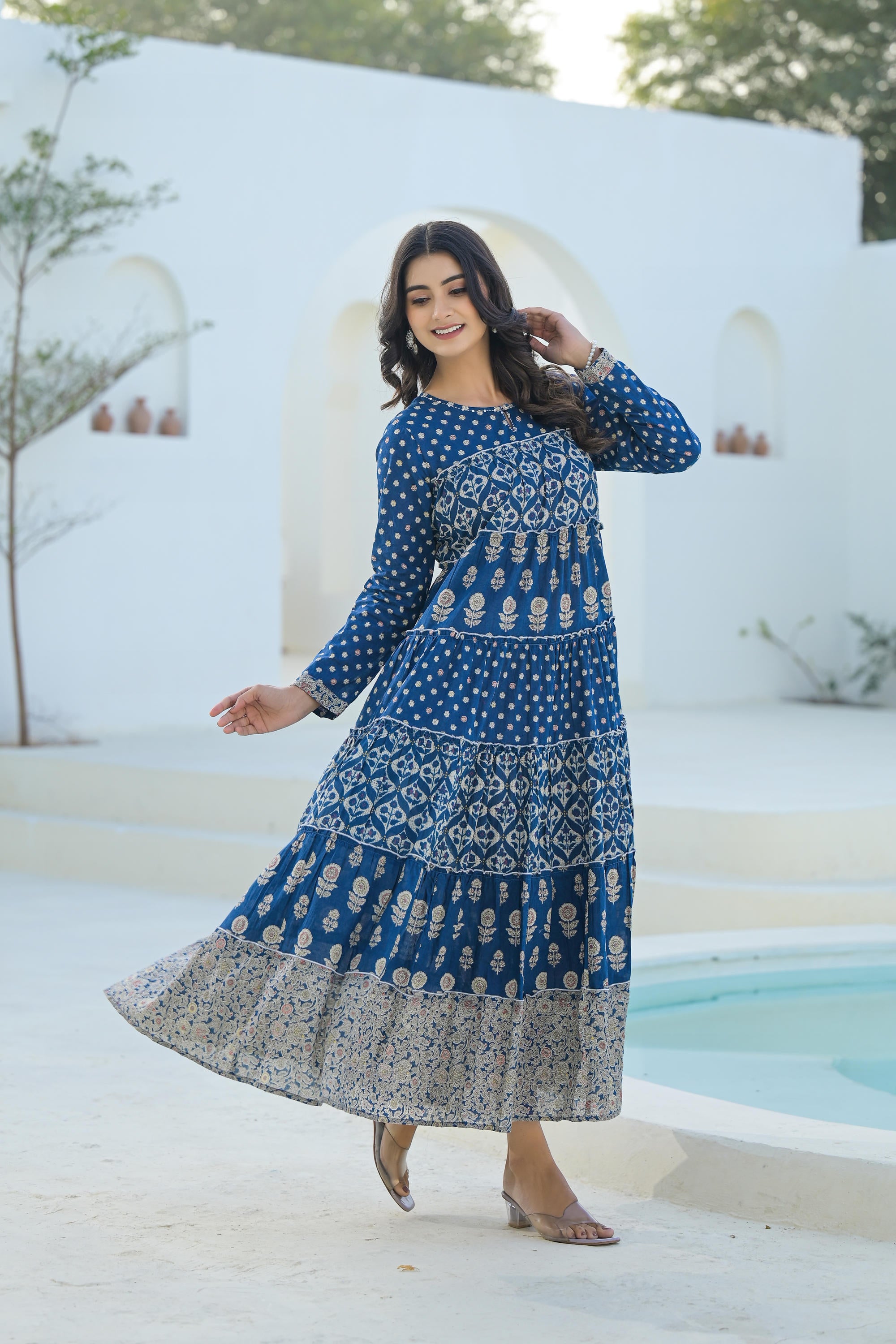 Indigo Ethnic Motif Printed Cotton Long Dress With Sequins & Thread Work