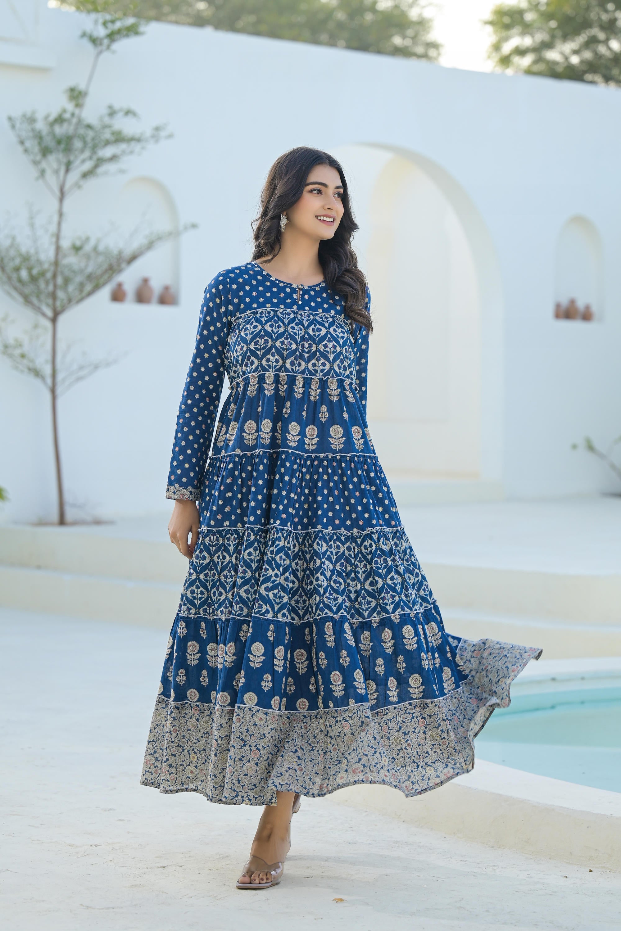 Indigo Ethnic Motif Printed Cotton Long Dress With Sequins & Thread Work