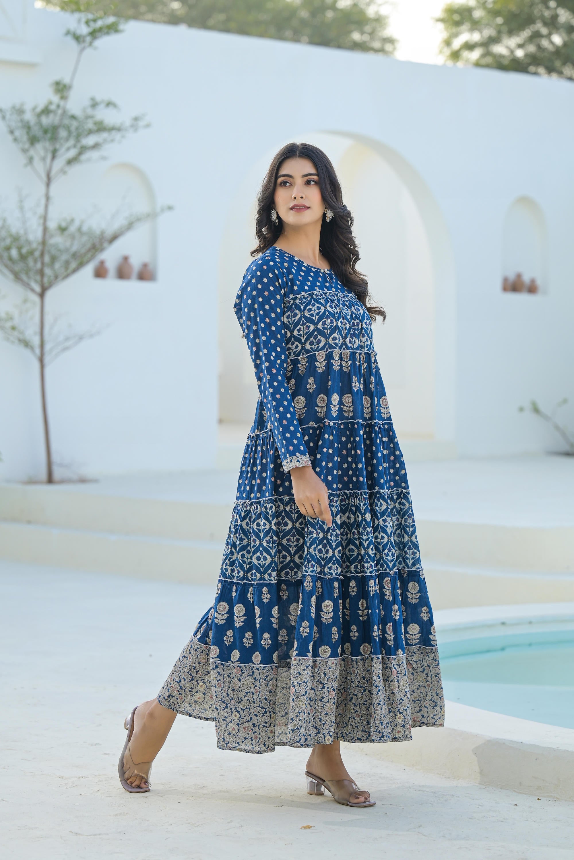 Indigo Ethnic Motif Printed Cotton Long Dress With Sequins & Thread Work