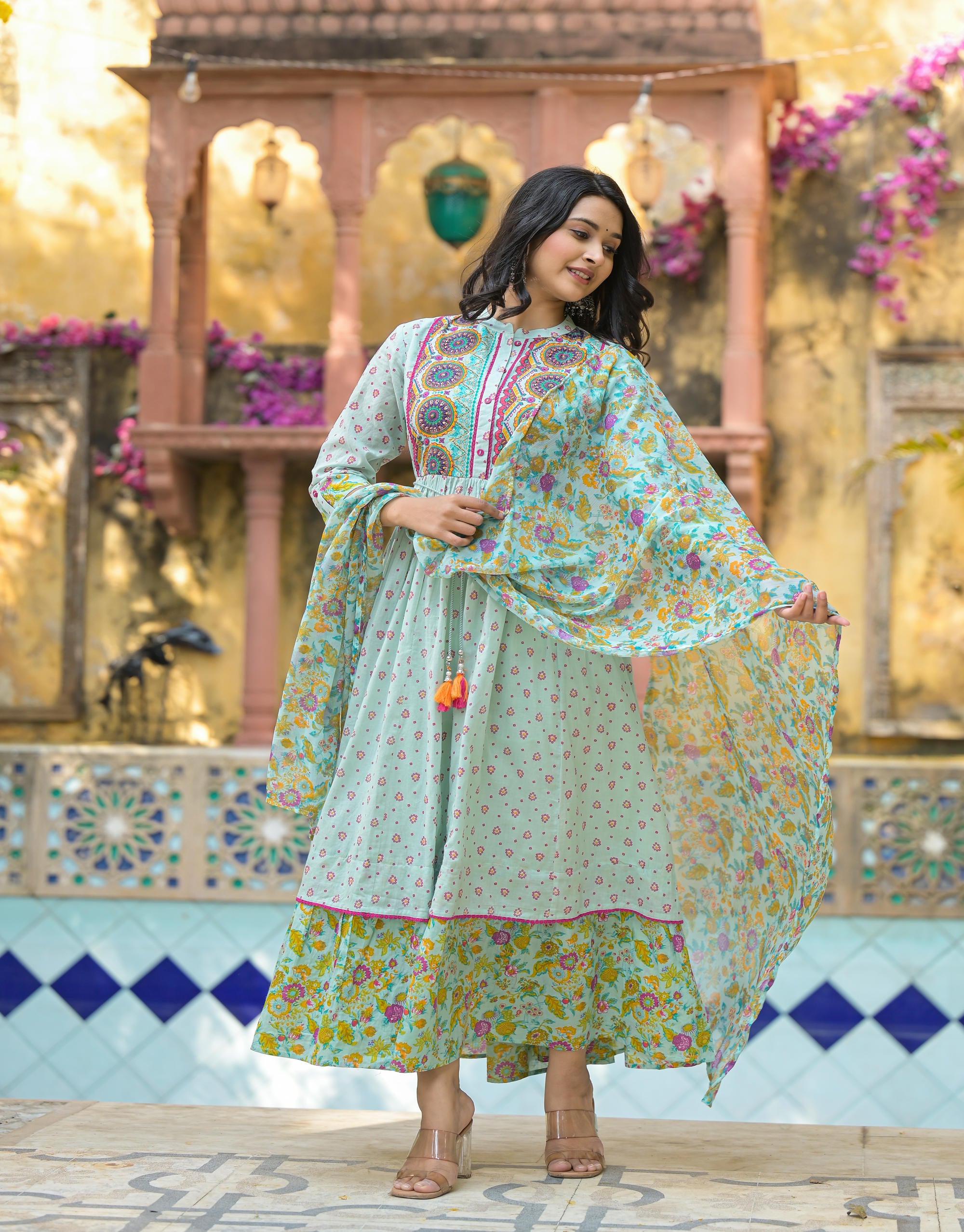 Mint Green Floral Long Dress With Dupatta