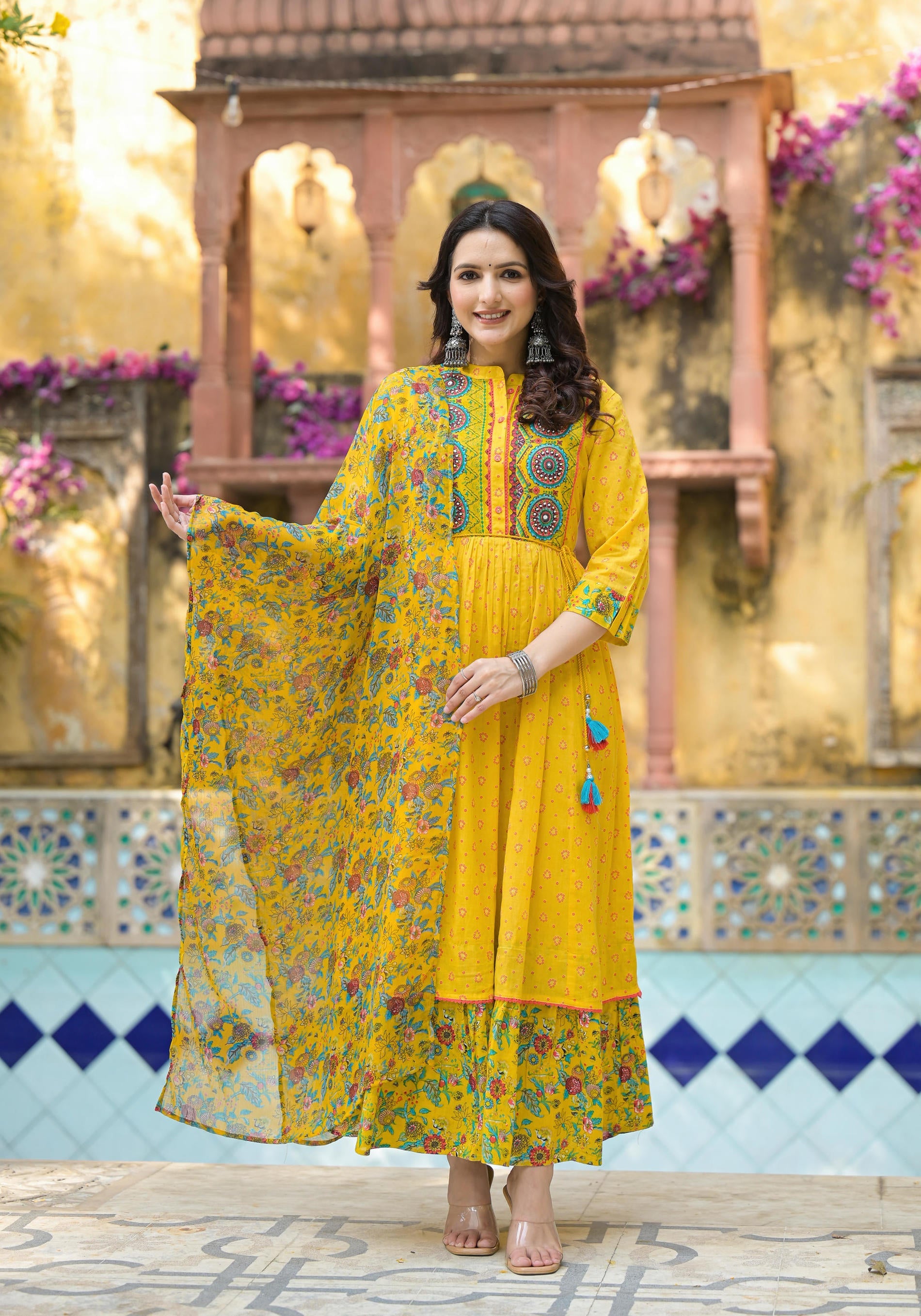 Mustard Floral Long Dress With Dupatta