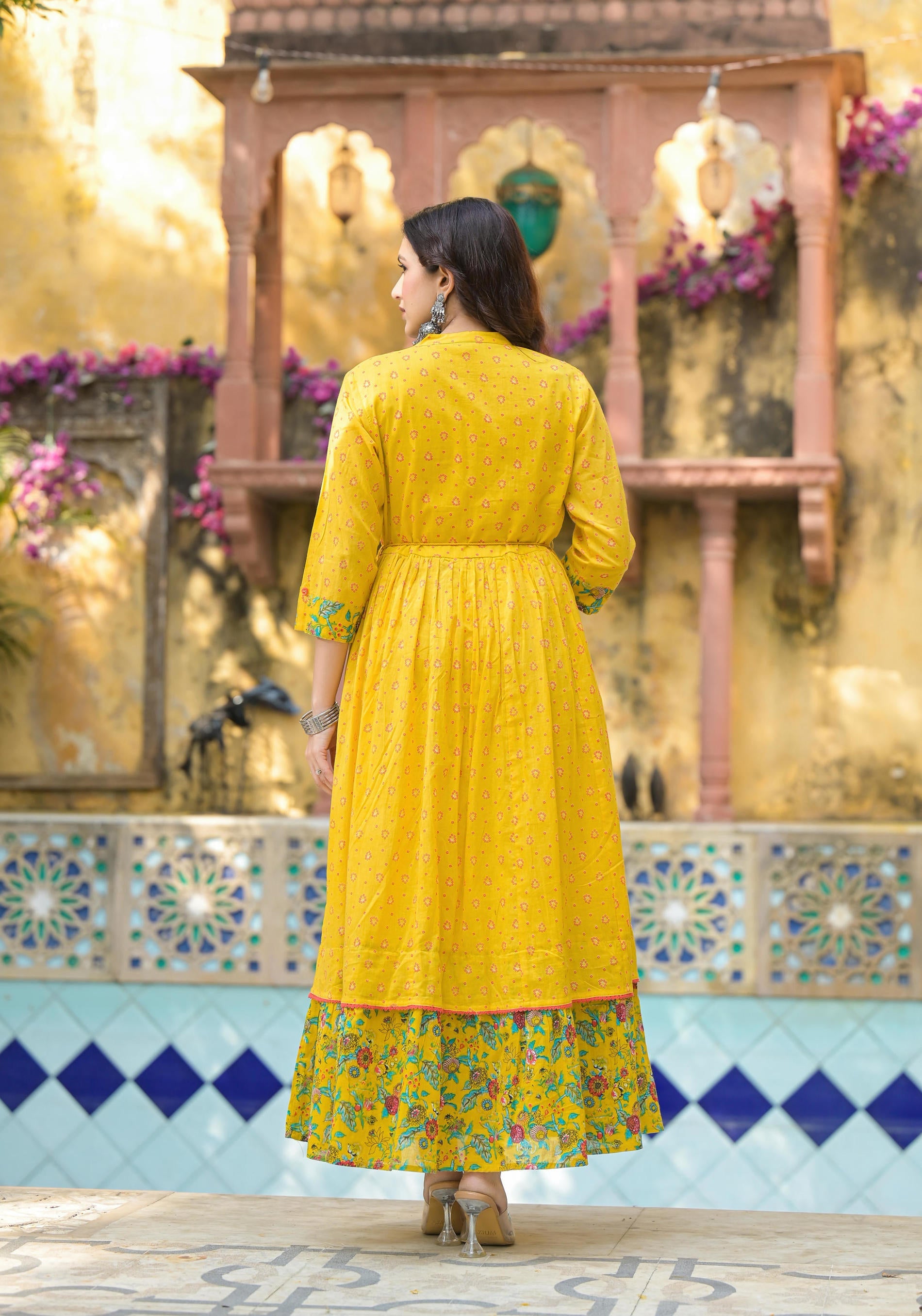 Mustard Floral Long Dress With Dupatta
