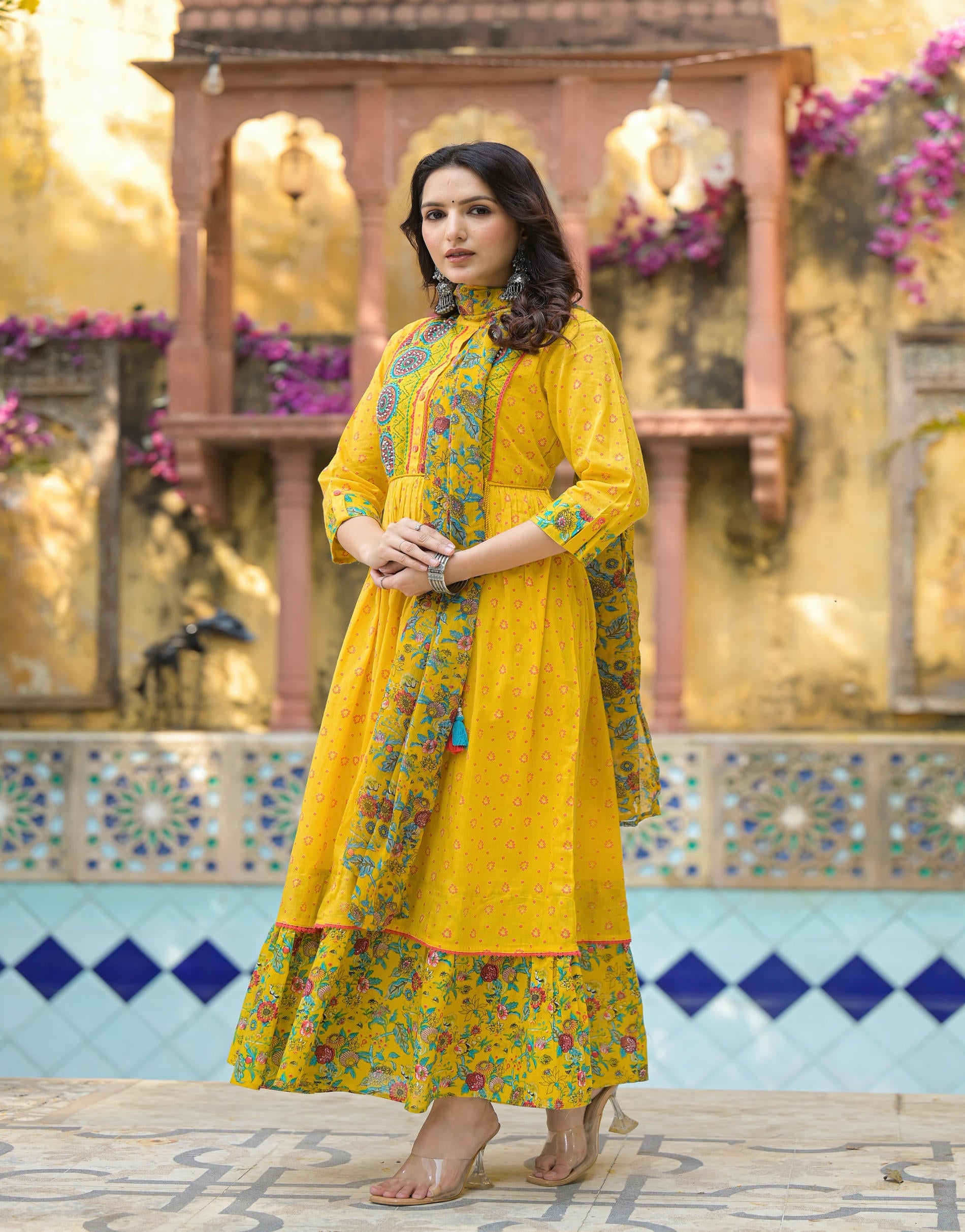 Mustard Floral Long Dress With Dupatta