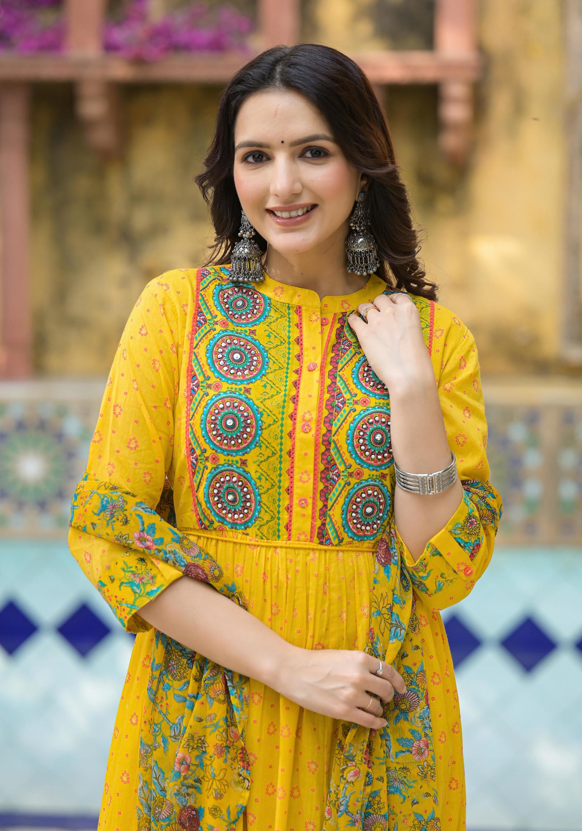 Mustard Floral Long Dress With Dupatta