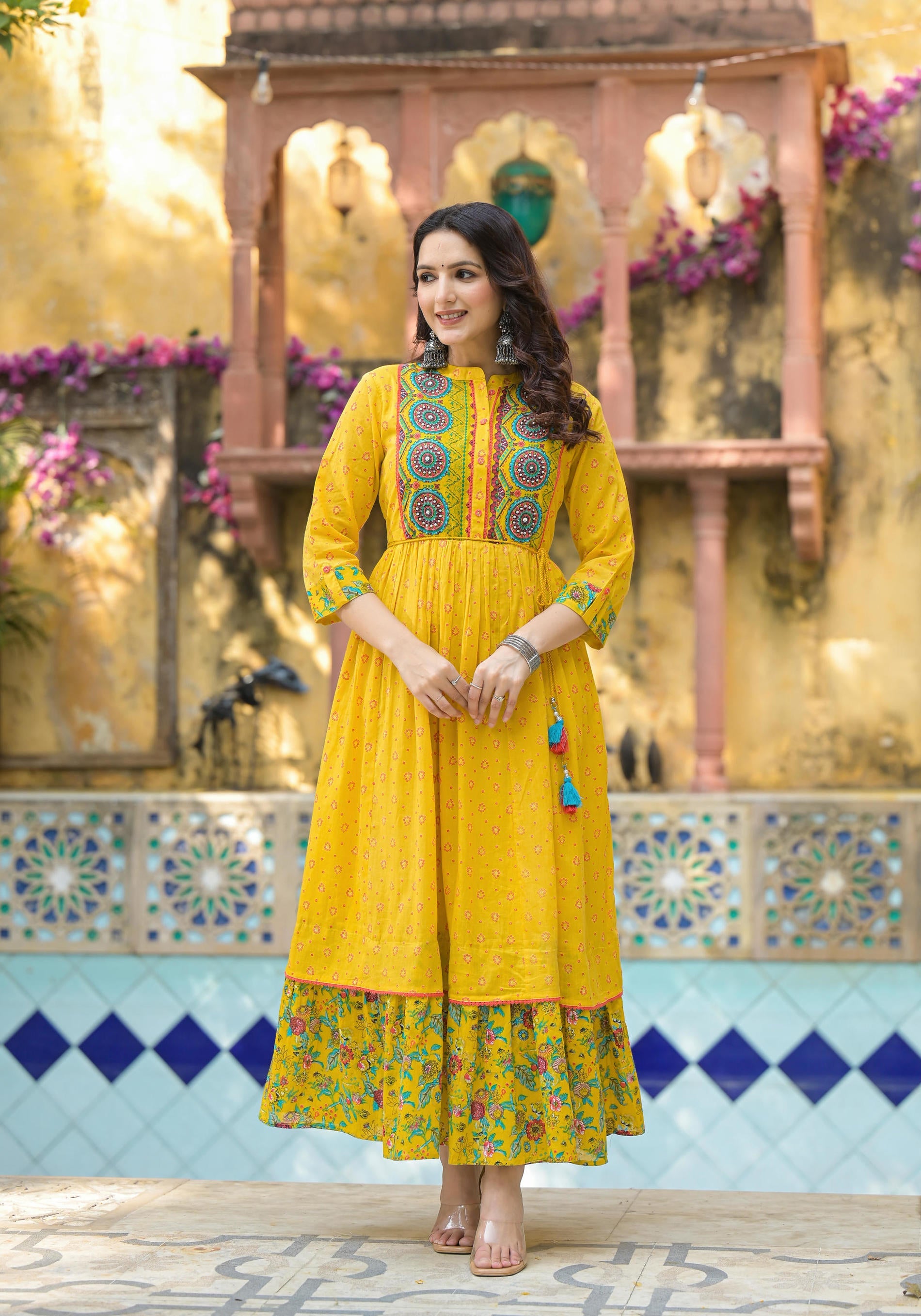 Mustard Floral Long Dress With Dupatta