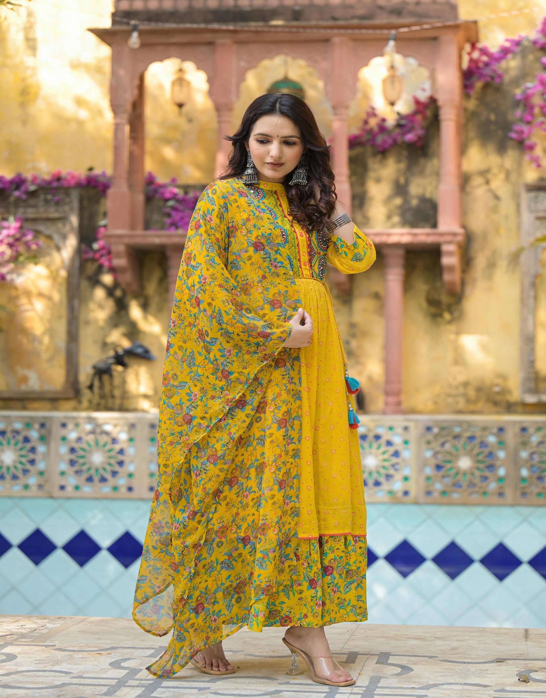 Mustard Floral Long Dress With Dupatta
