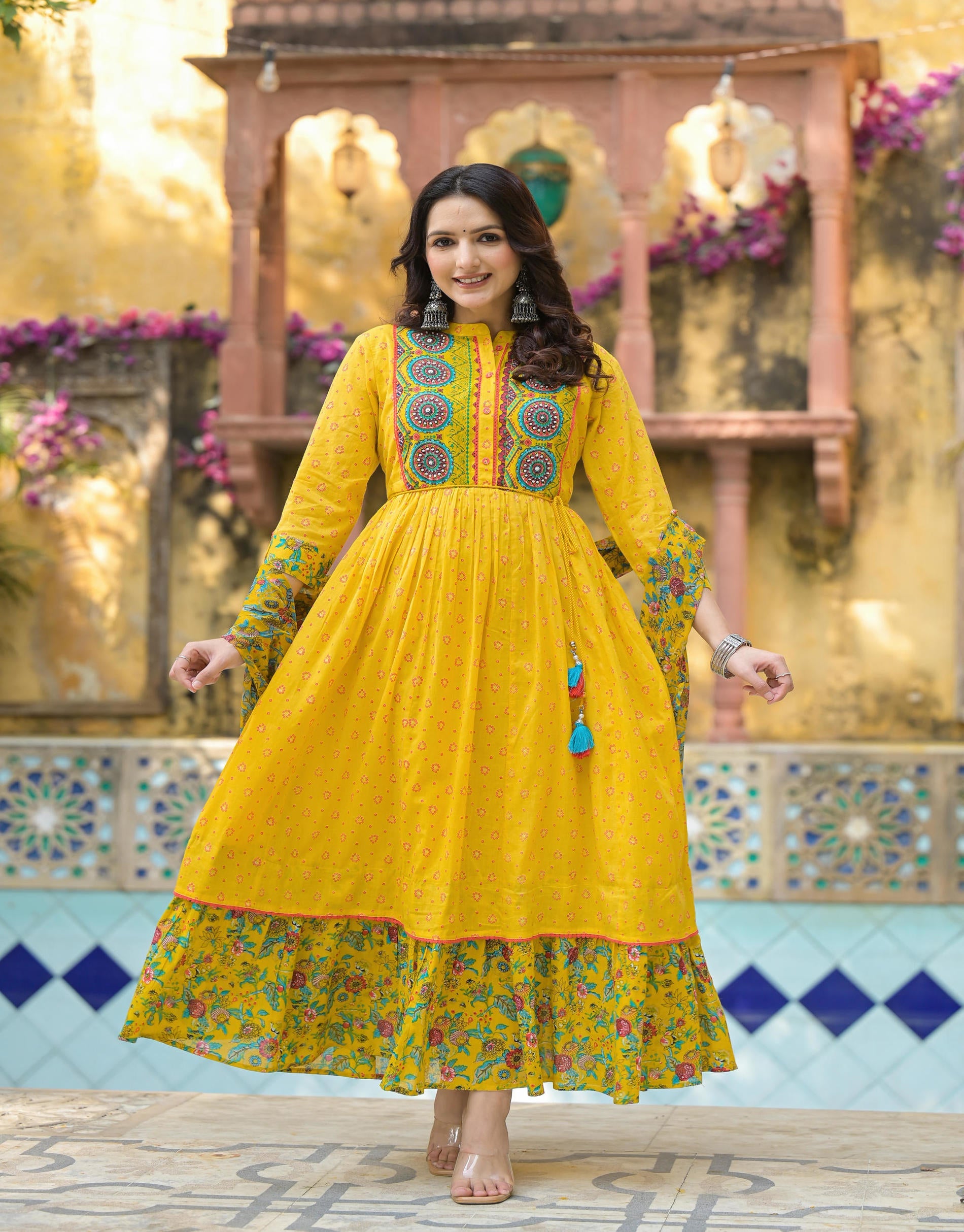 Mustard Floral Long Dress With Dupatta