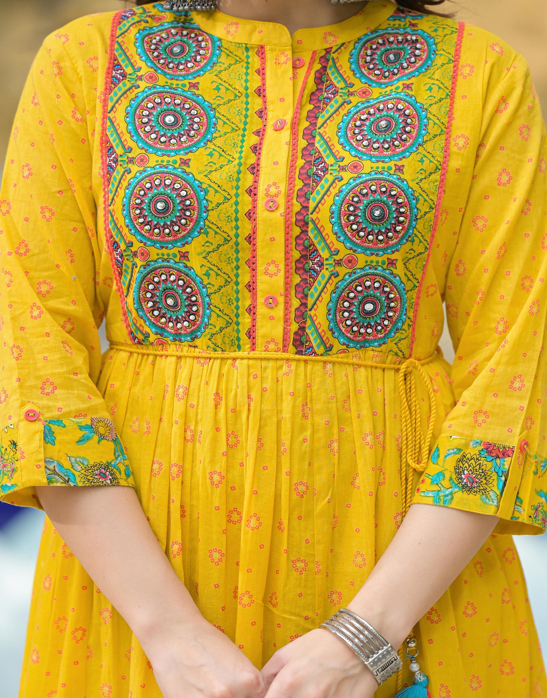 Mustard Floral Long Dress With Dupatta