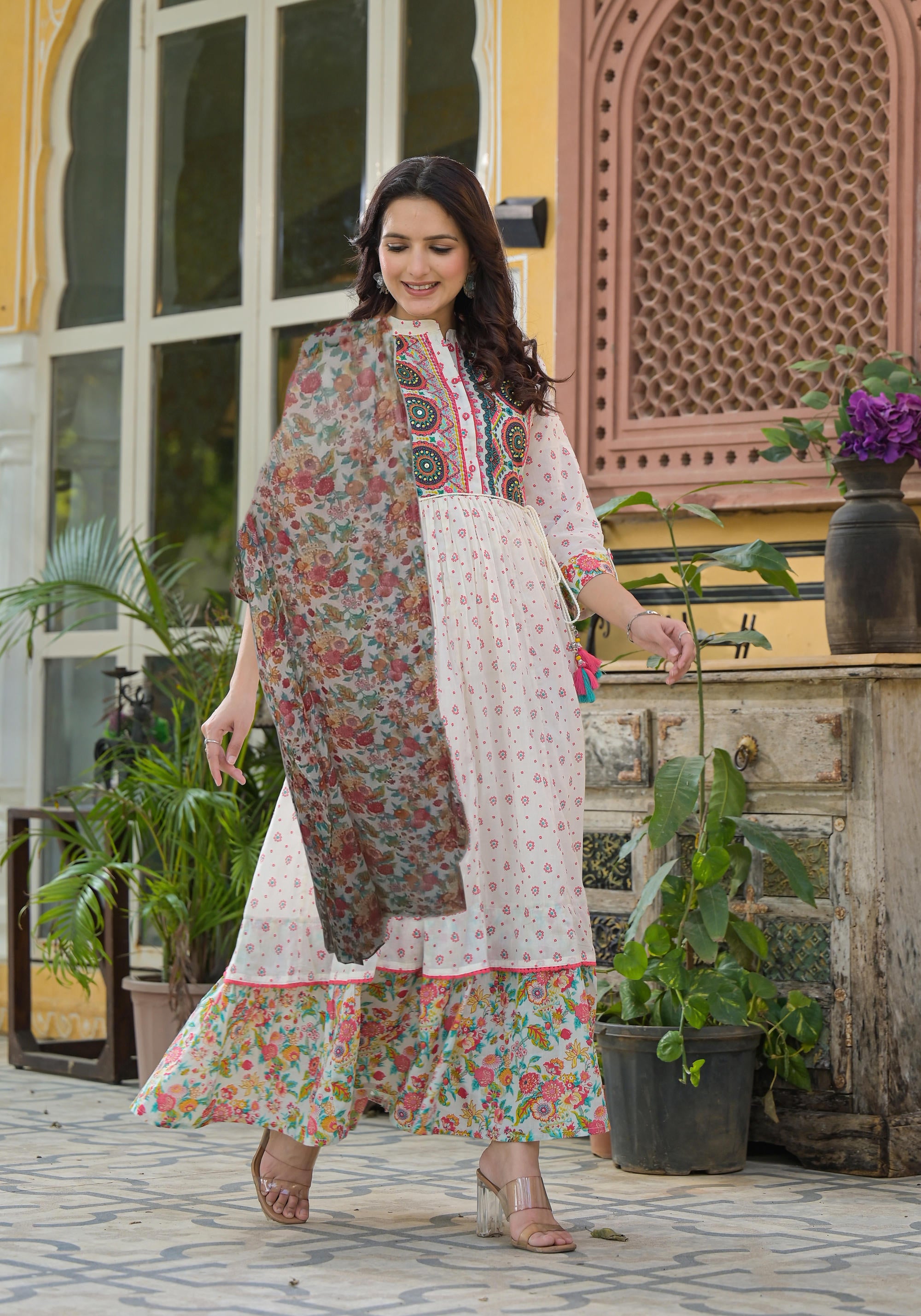 Off White Floral Long Dress With Dupatta