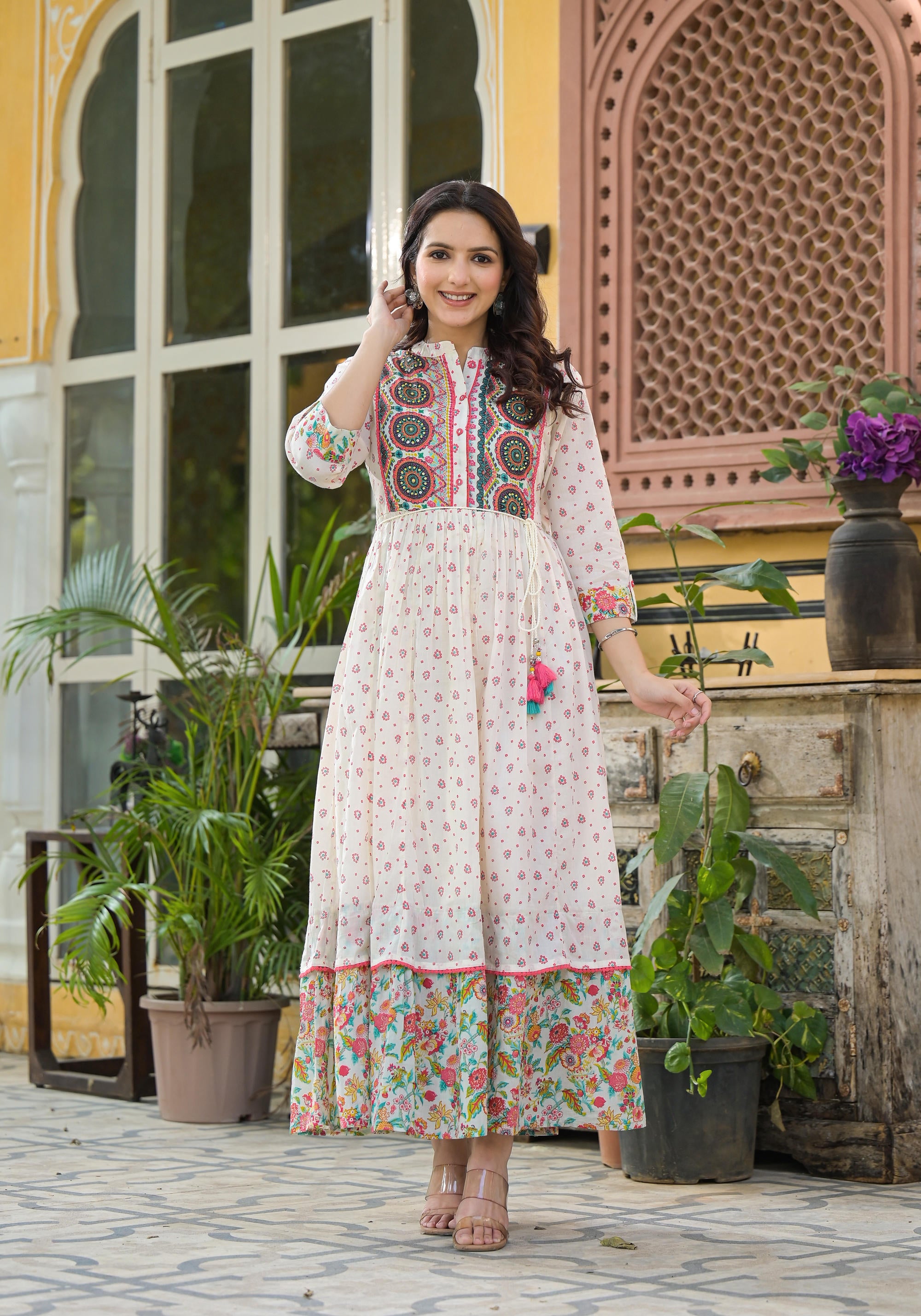 Off White Floral Long Dress With Dupatta