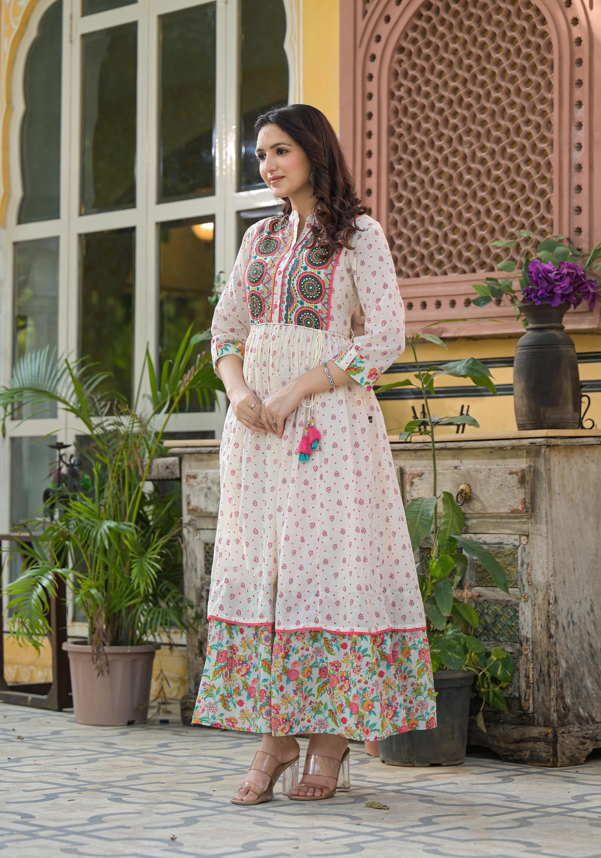 Off White Floral Long Dress With Dupatta