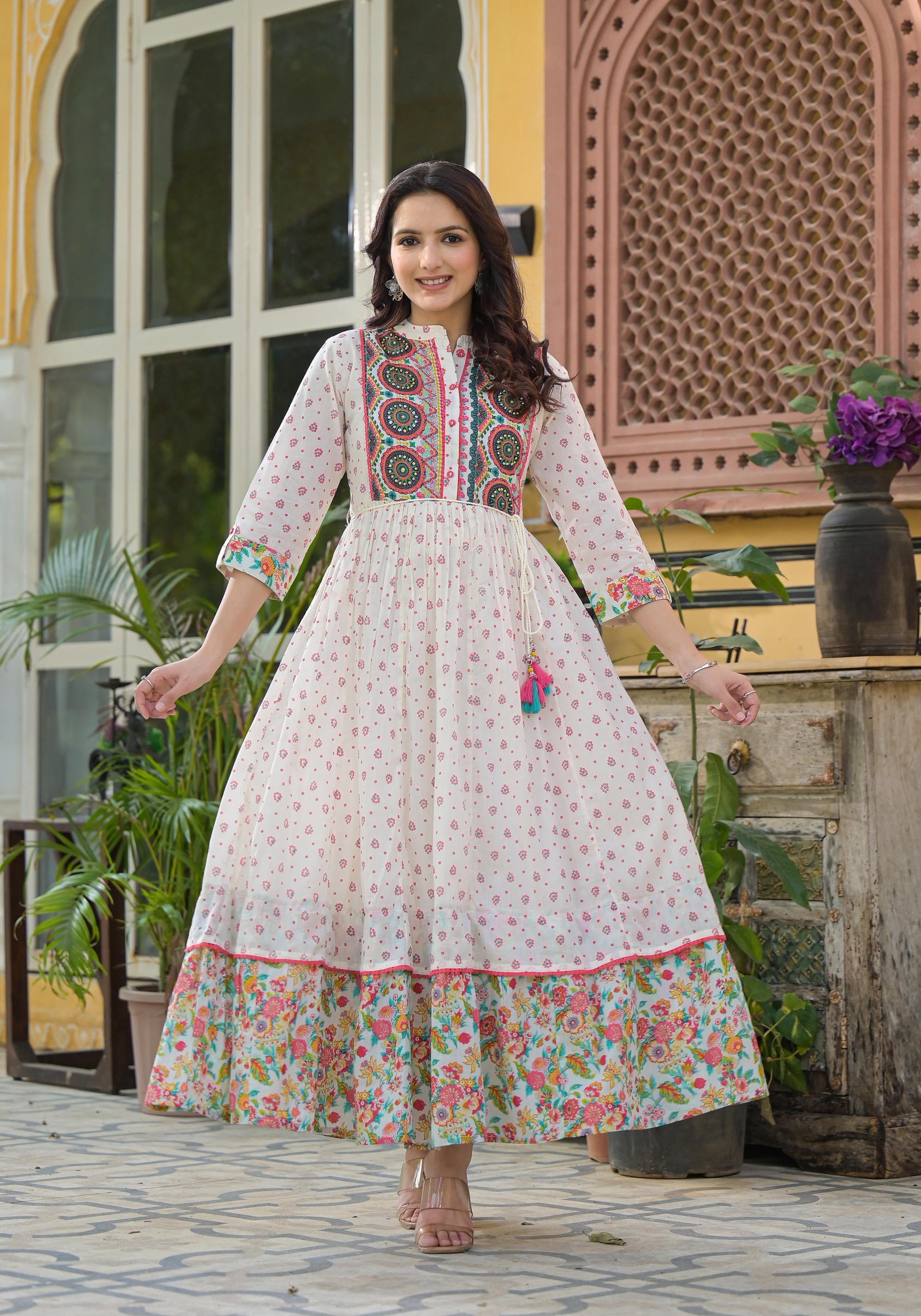 Off White Floral Long Dress With Dupatta