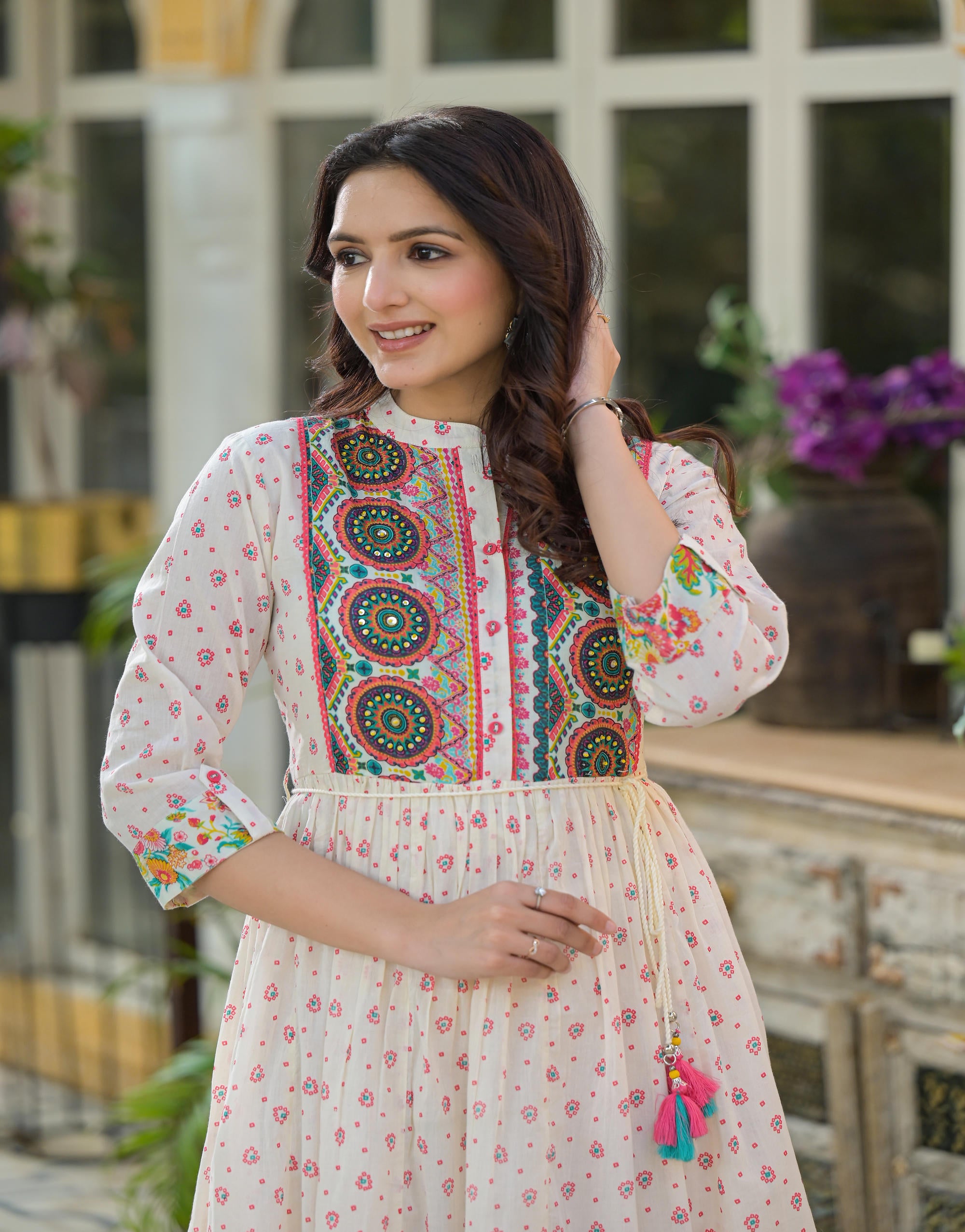 Off White Floral Long Dress With Dupatta
