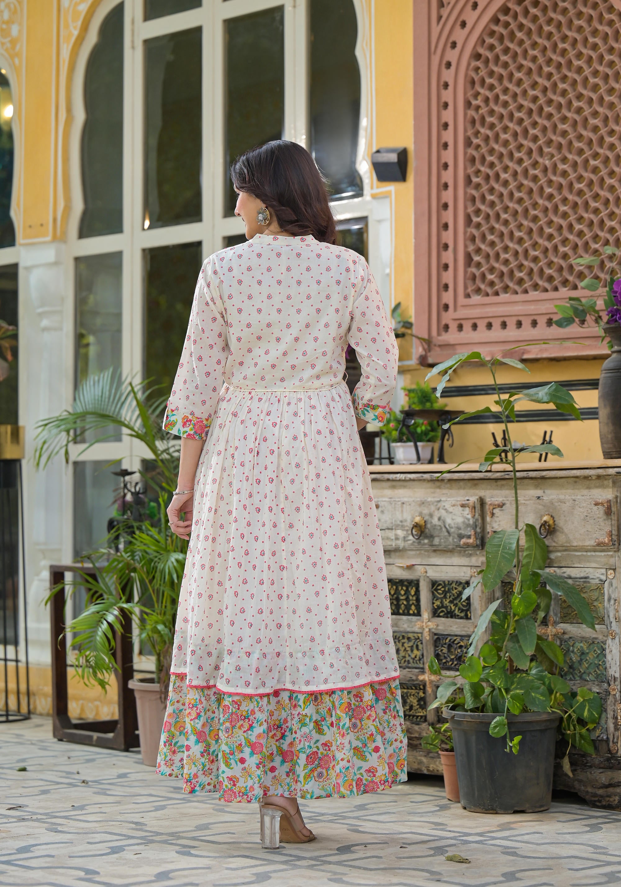 Off White Floral Long Dress With Dupatta