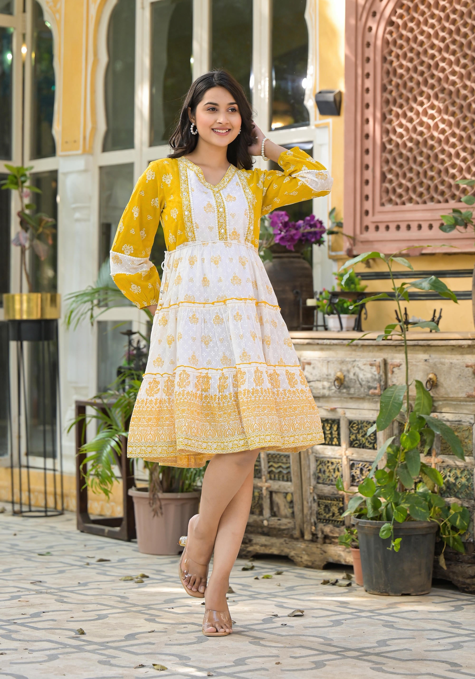 Mustard Ethnic Motif Printed Cotton Short Dress With Mirror Work & Lace