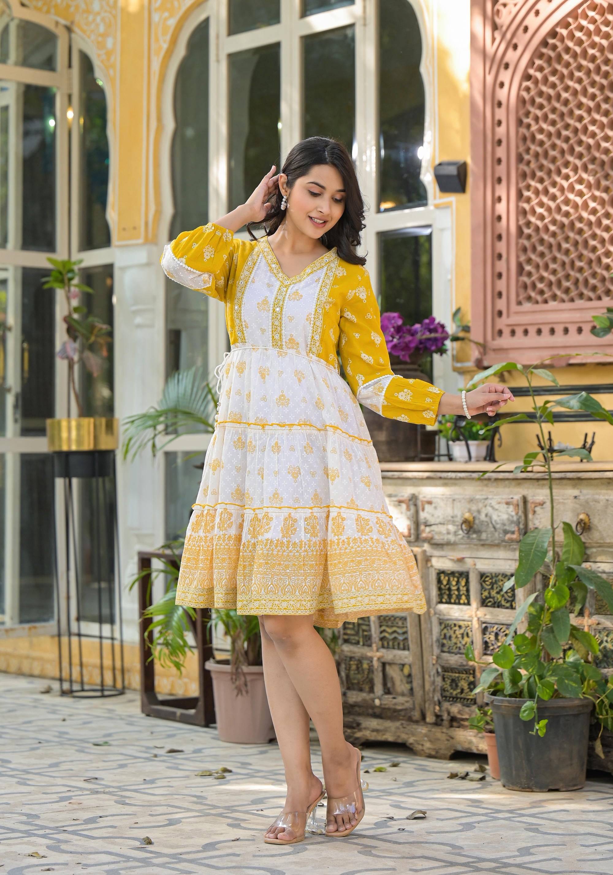 Mustard Ethnic Motif Printed Cotton Short Dress With Mirror Work & Lace