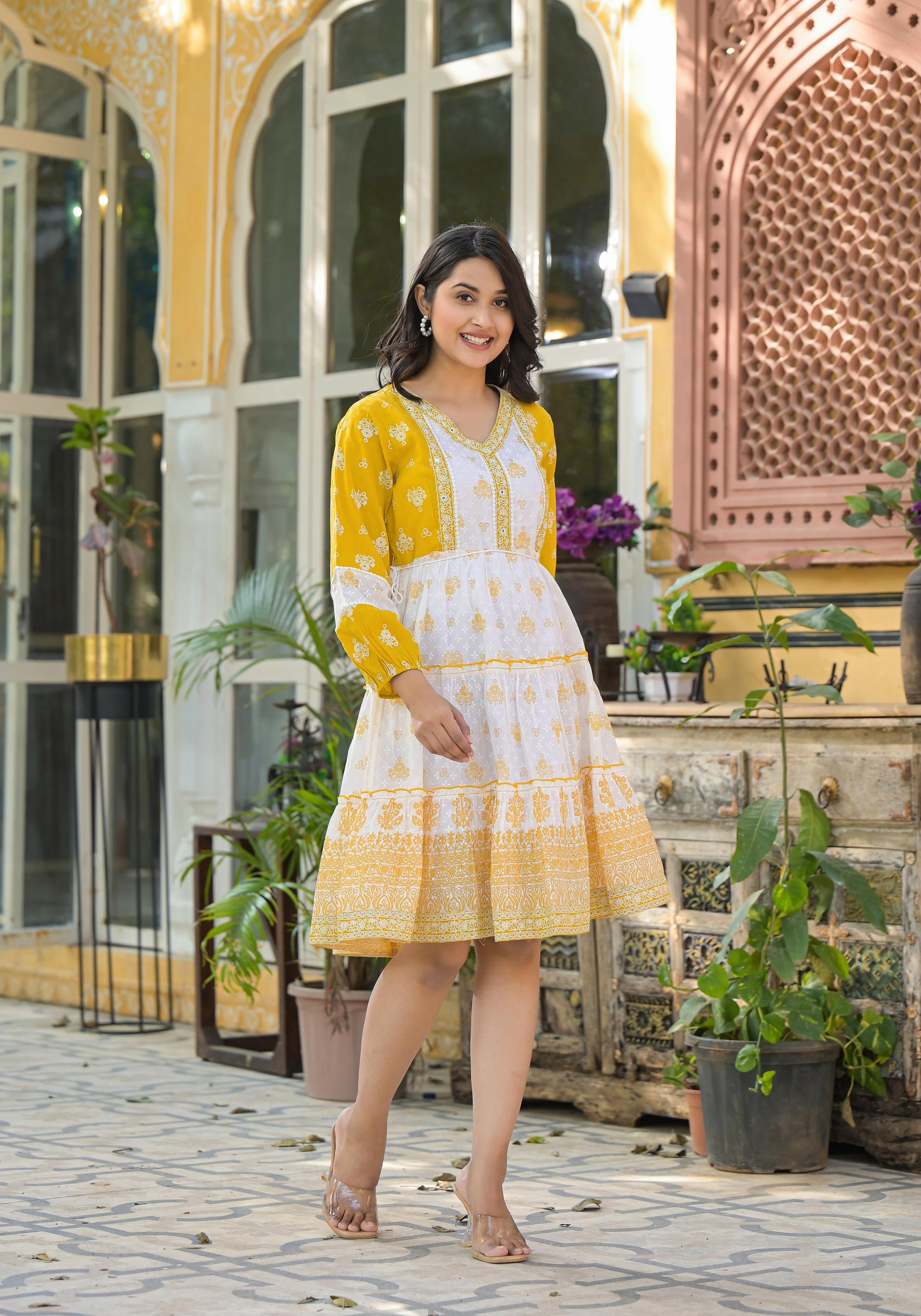 Mustard Ethnic Motif Printed Cotton Short Dress With Mirror Work & Lace