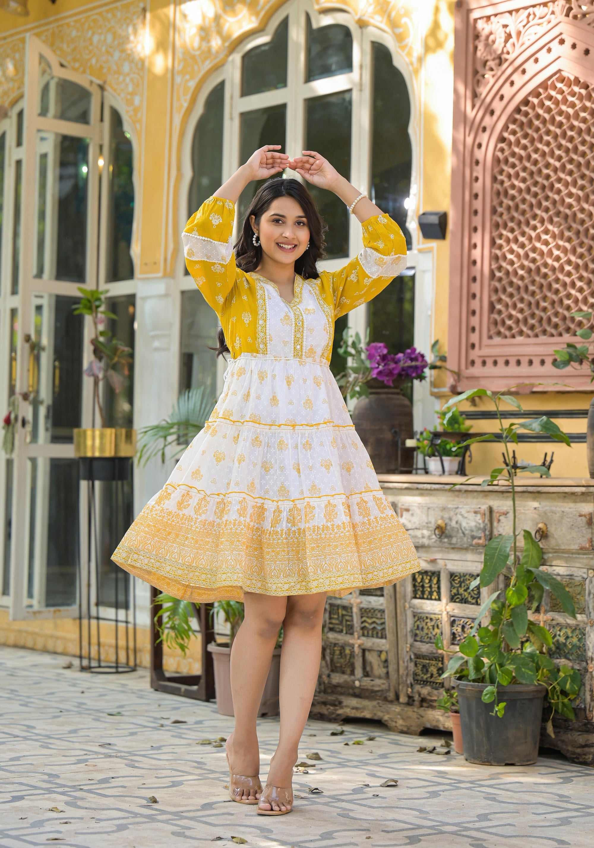 Mustard Ethnic Motif Printed Cotton Short Dress With Mirror Work & Lace