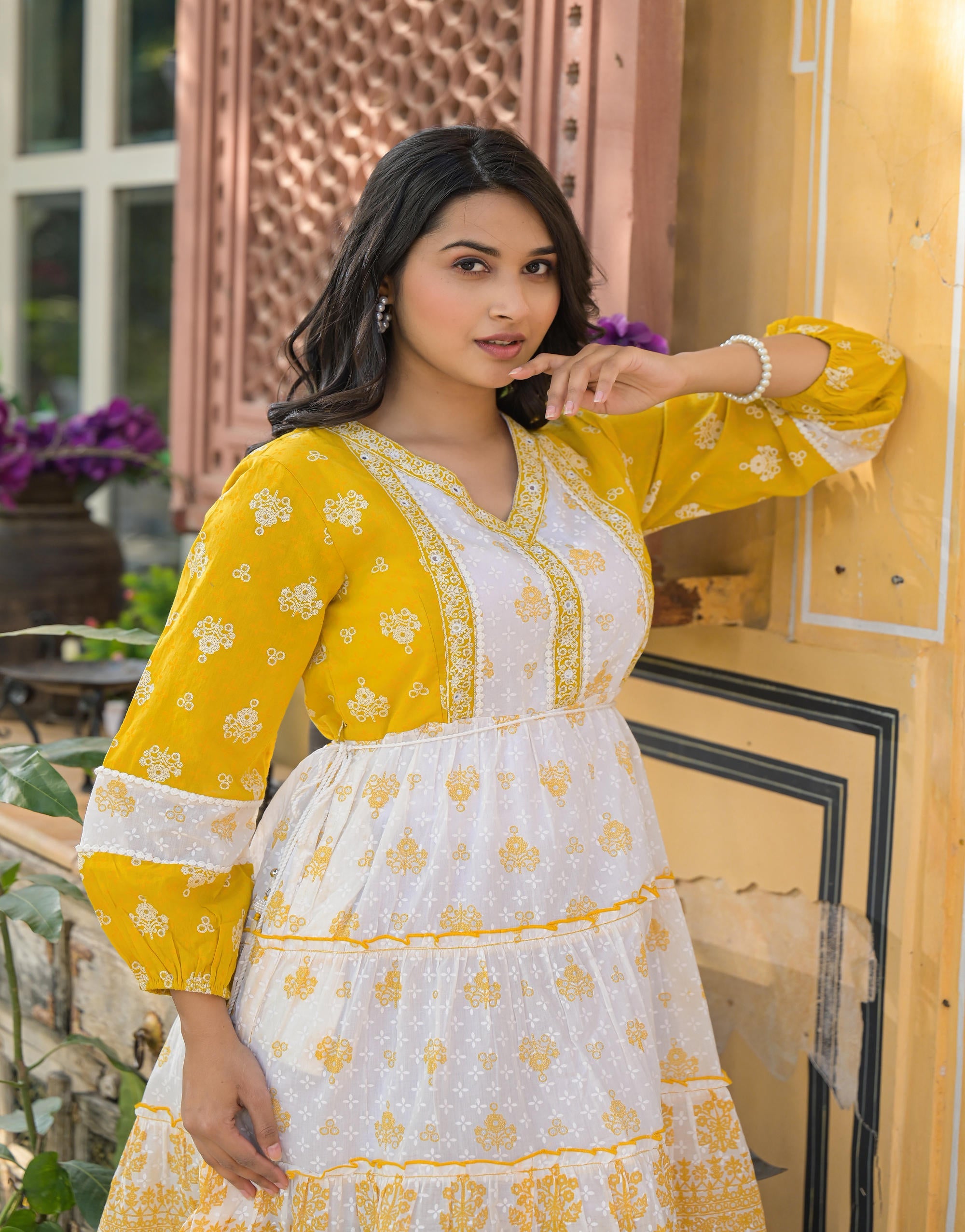 Mustard Ethnic Motif Printed Cotton Short Dress With Mirror Work & Lace