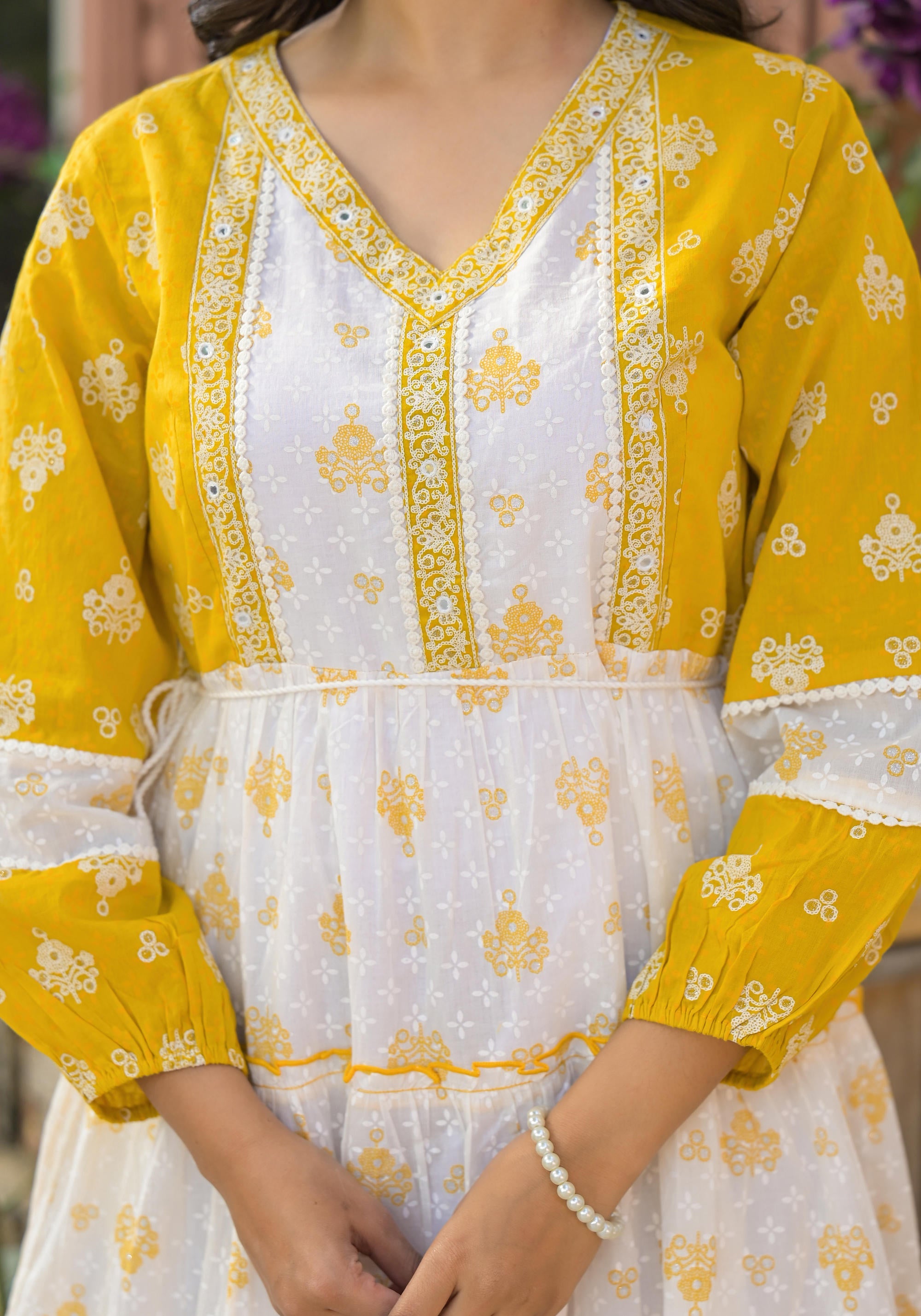 Mustard Ethnic Motif Printed Cotton Short Dress With Mirror Work & Lace