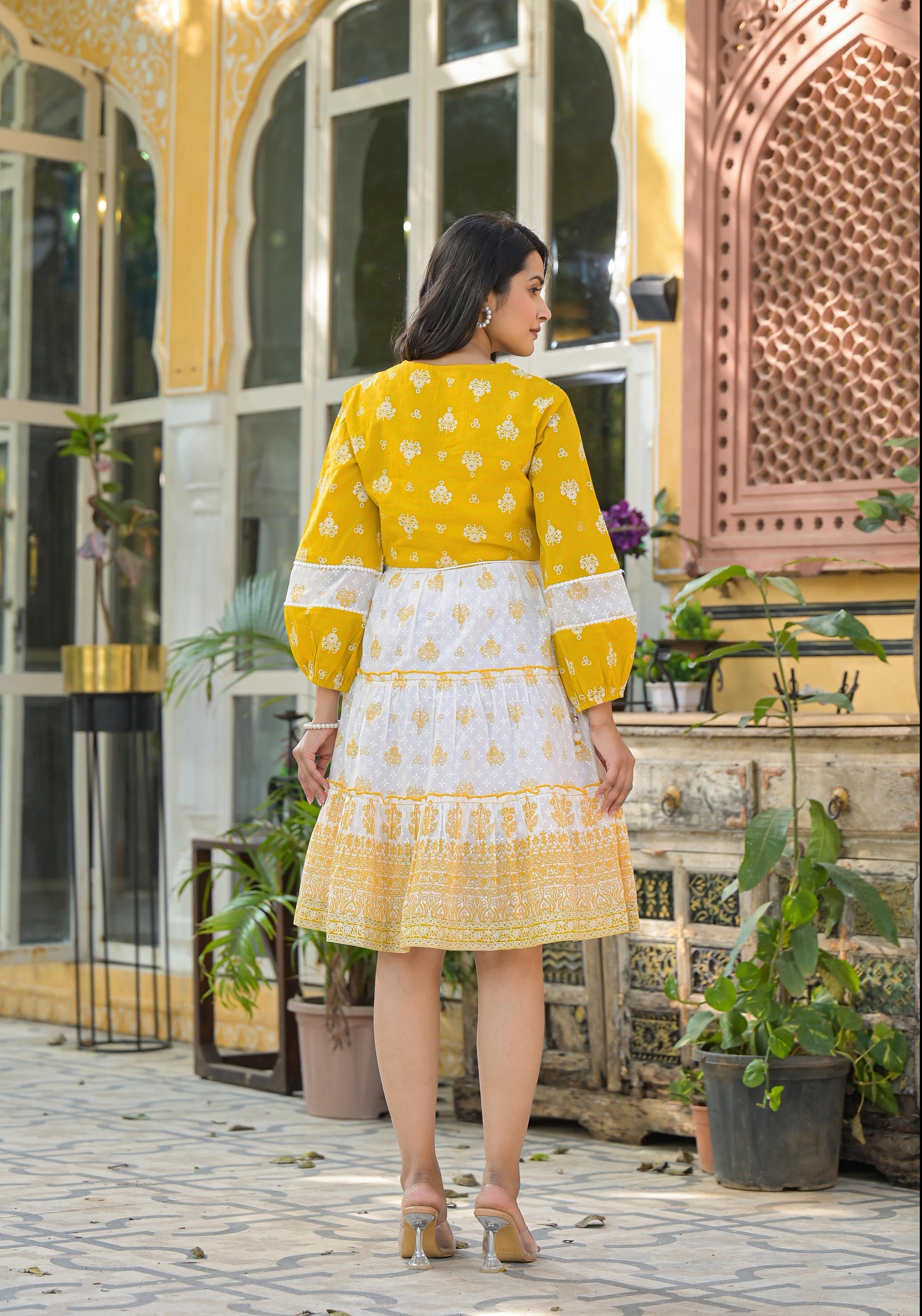 Mustard Ethnic Motif Printed Cotton Short Dress With Mirror Work & Lace