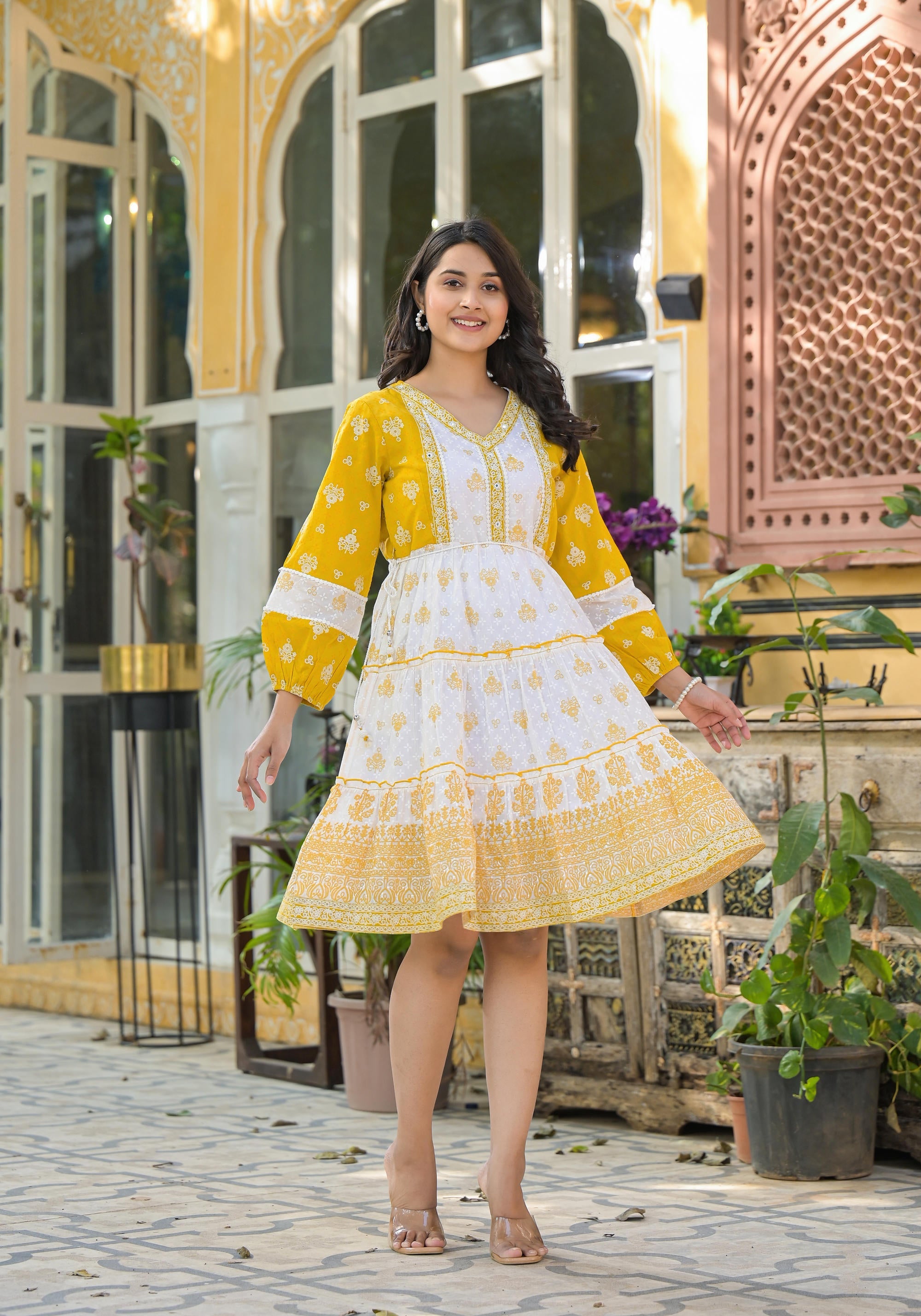 Mustard Ethnic Motif Printed Cotton Short Dress With Mirror Work & Lace