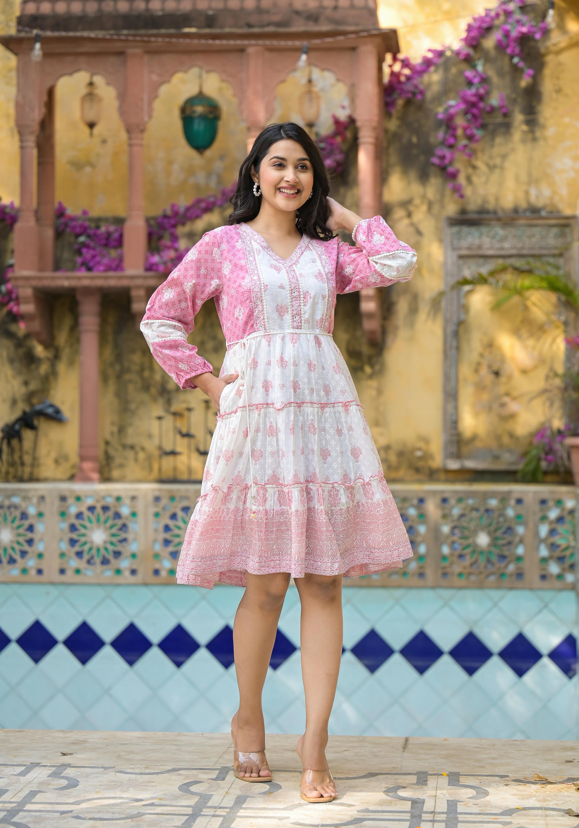 Onion Pink Ethnic Motif Printed Cotton Short Dress With Mirror Work & Lace