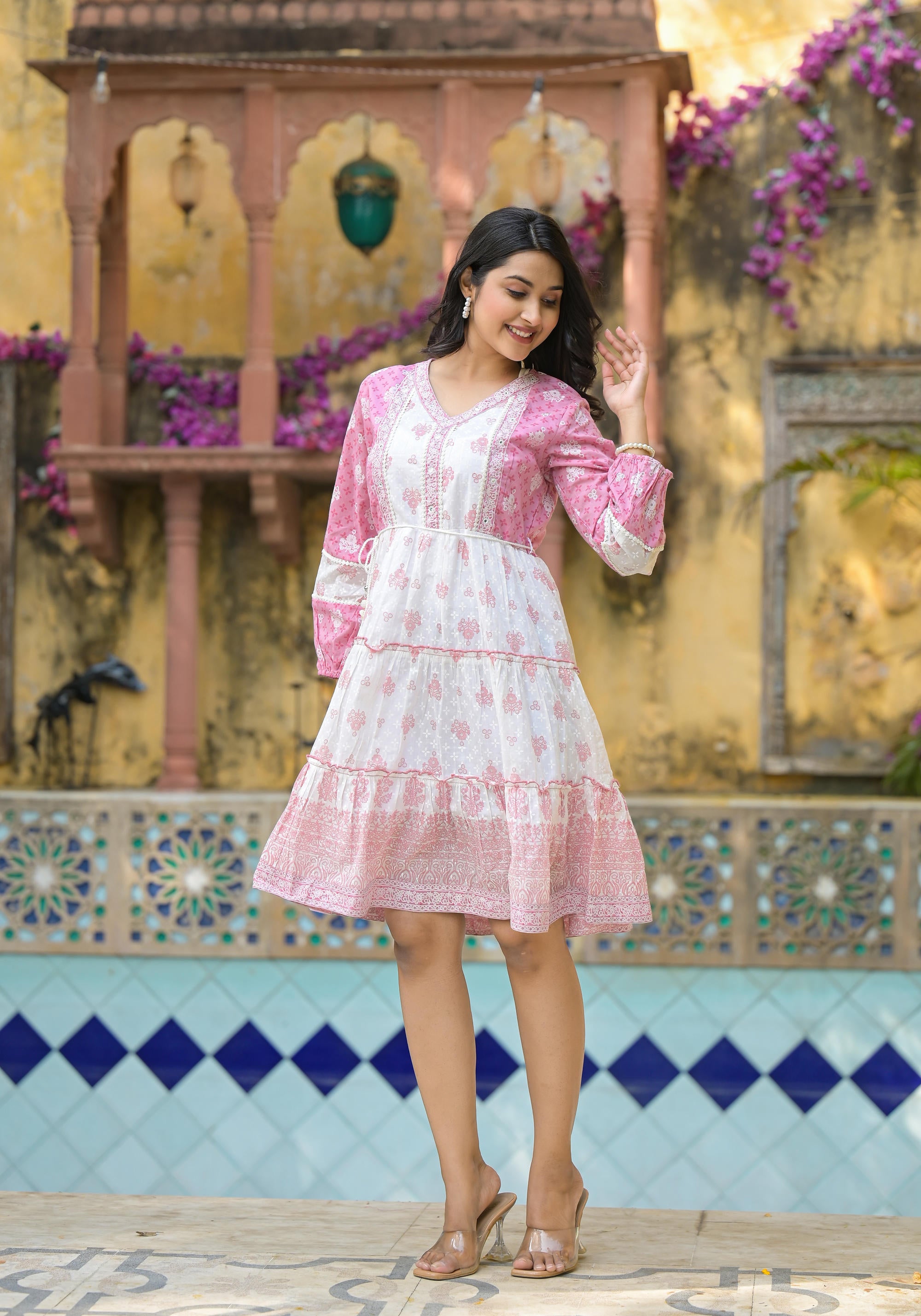 Onion Pink Ethnic Motif Printed Cotton Short Dress With Mirror Work & Lace