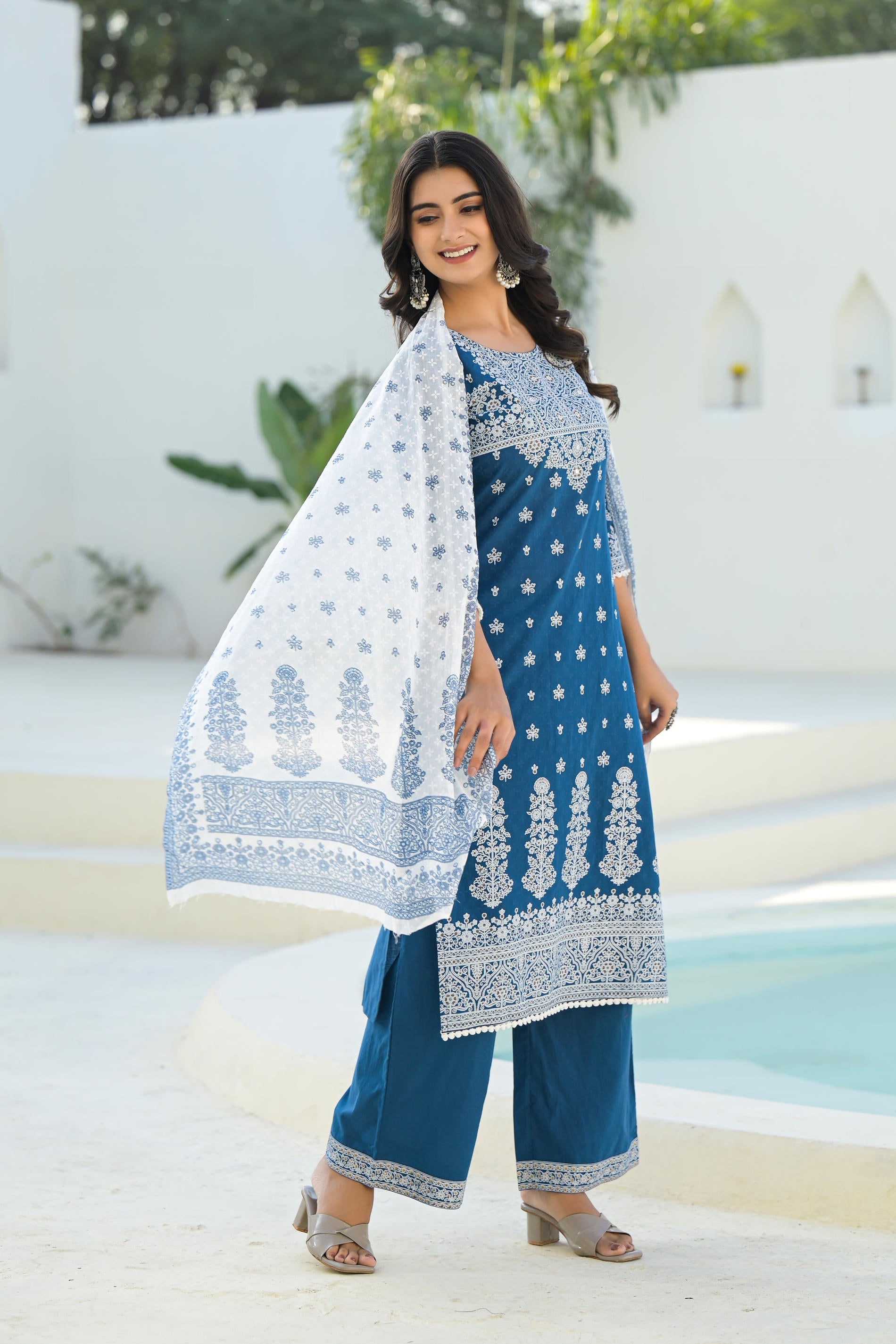 Indigo Embroidered Cotton Suit Set with Dupatta