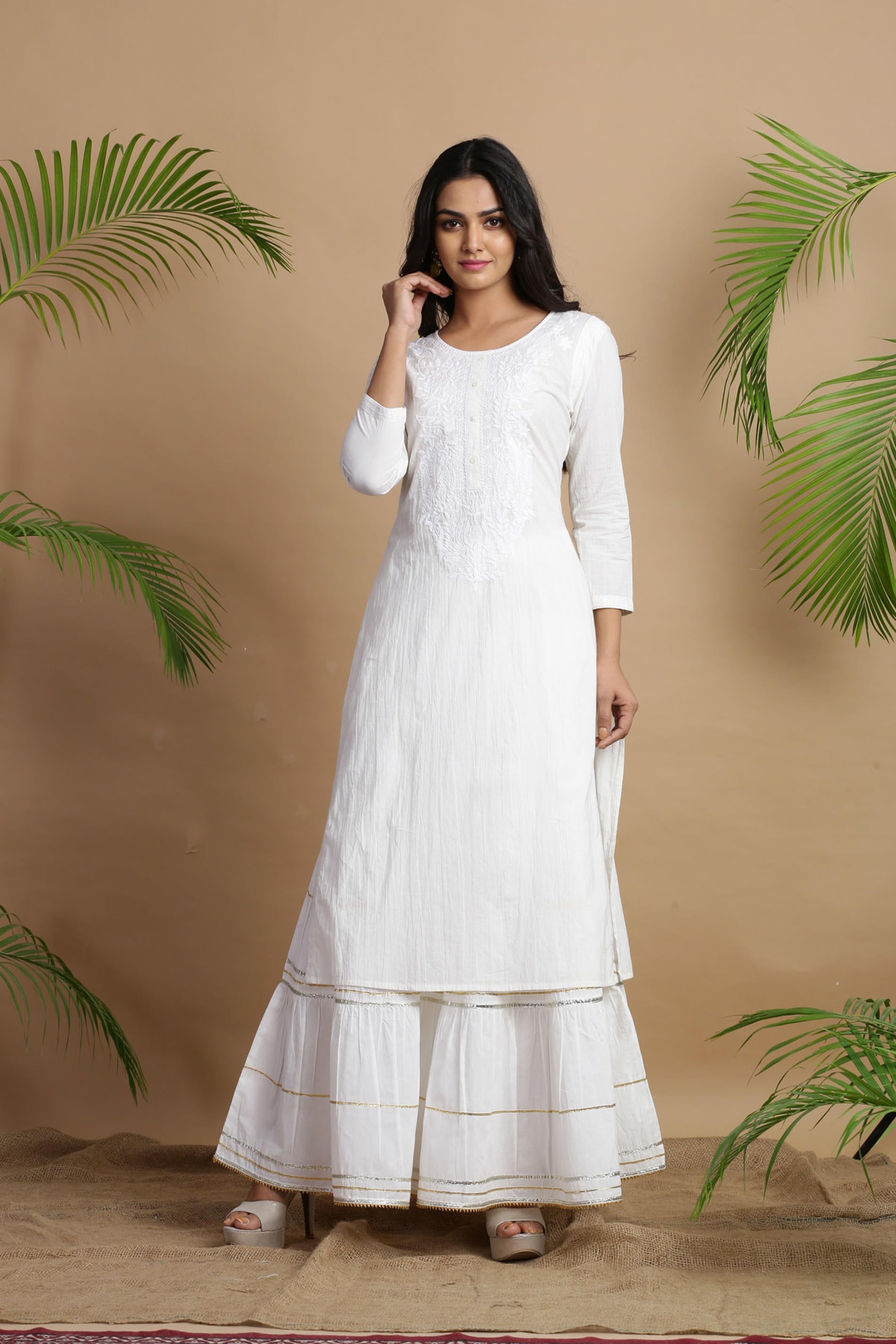 White Cotton Embroidered A-Line Straight Kurta
