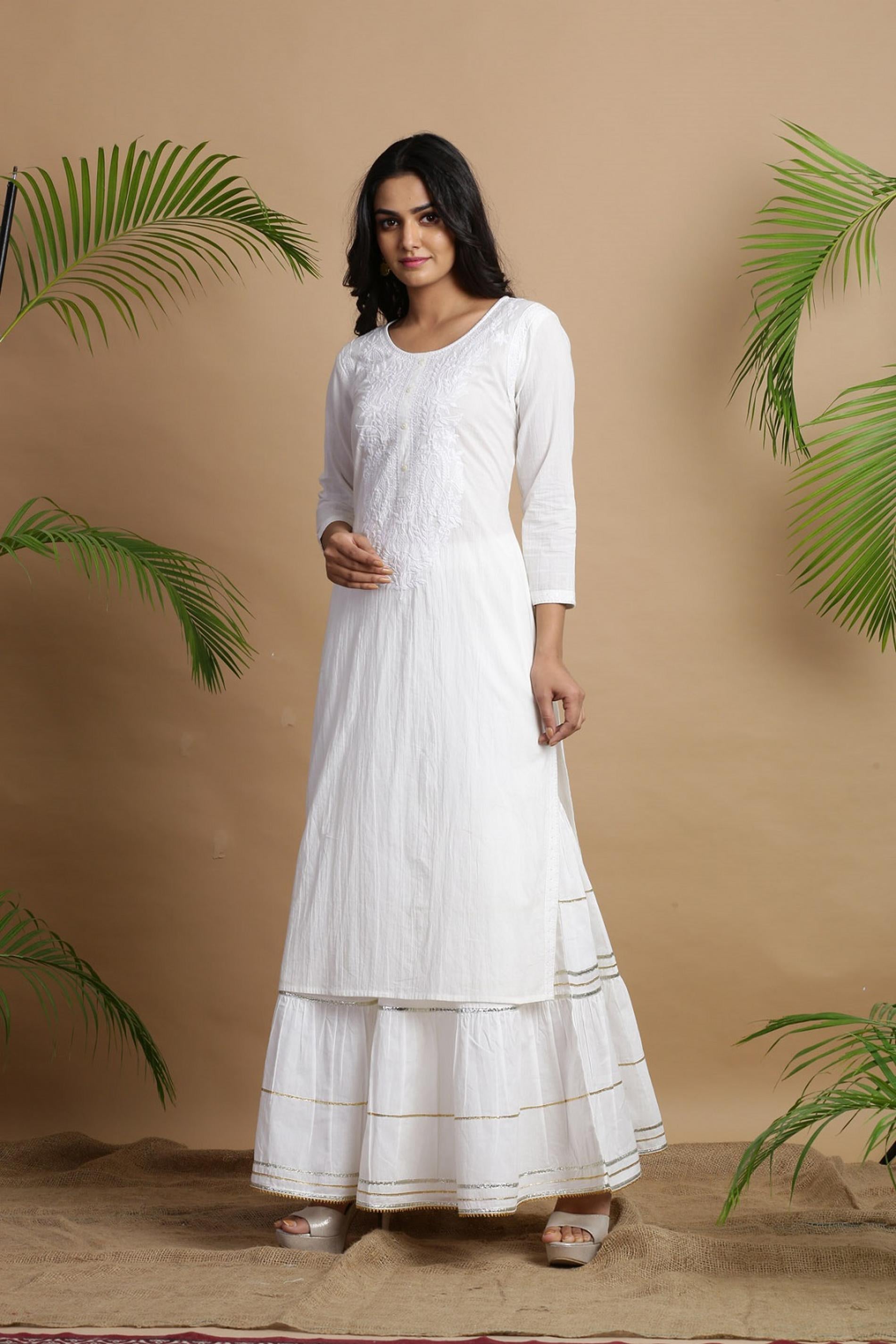 White Cotton Embroidered A-Line Straight Kurta