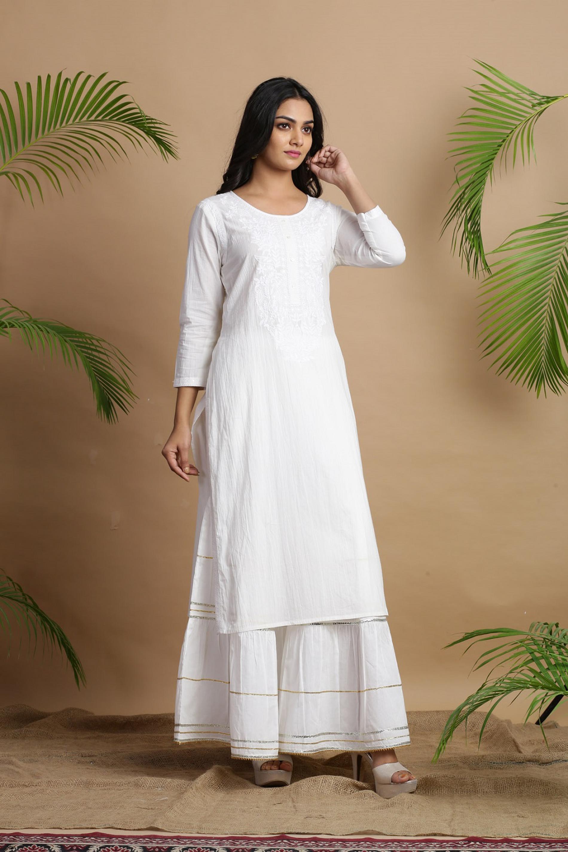 White Cotton Embroidered A-Line Straight Kurta