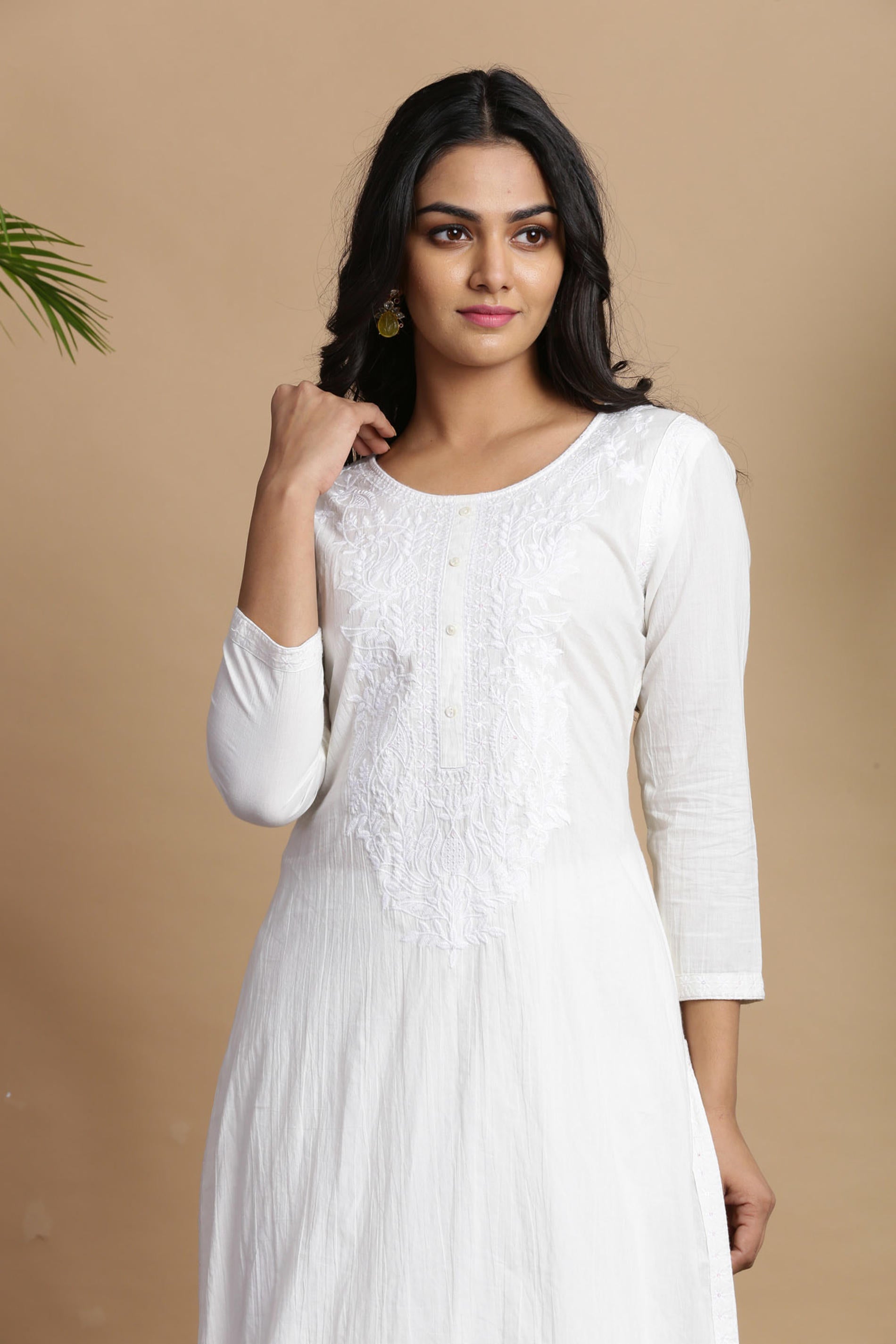 White Cotton Embroidered A-Line Straight Kurta
