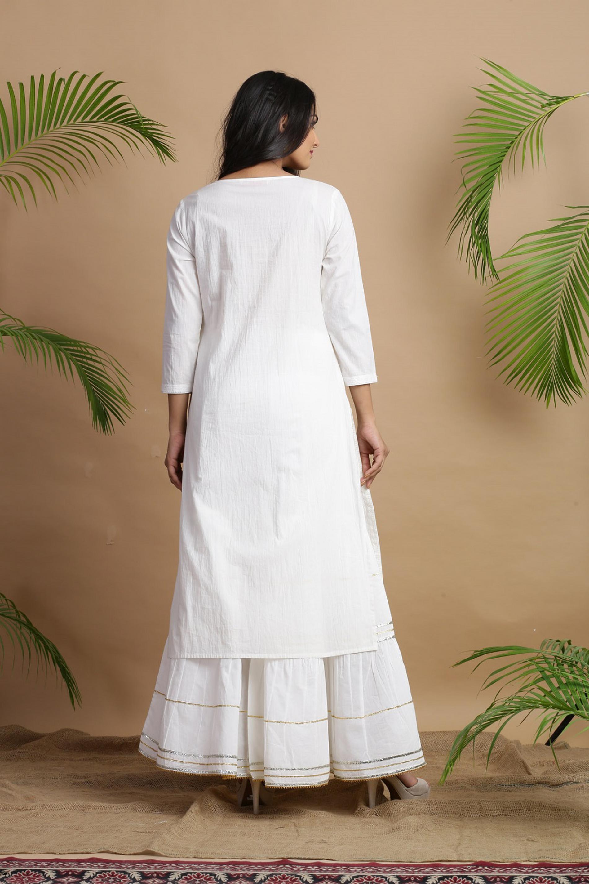White Cotton Embroidered A-Line Straight Kurta