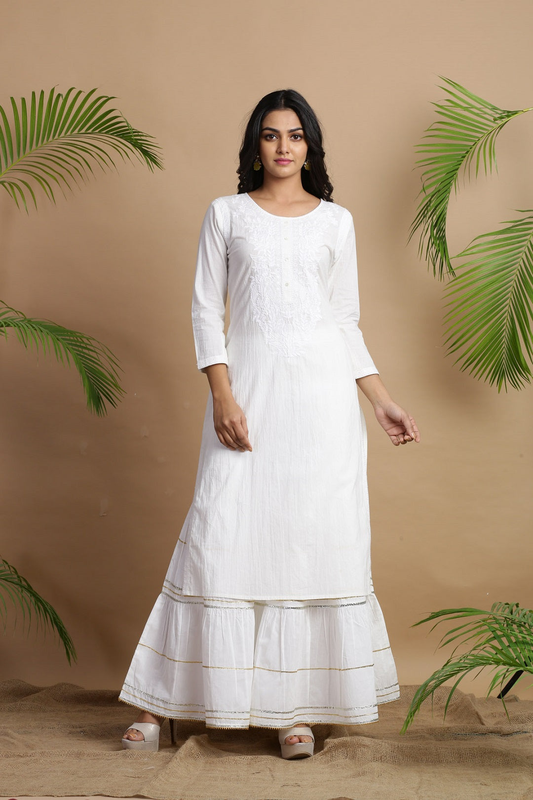 White Cotton Embroidered A-Line Straight Kurta