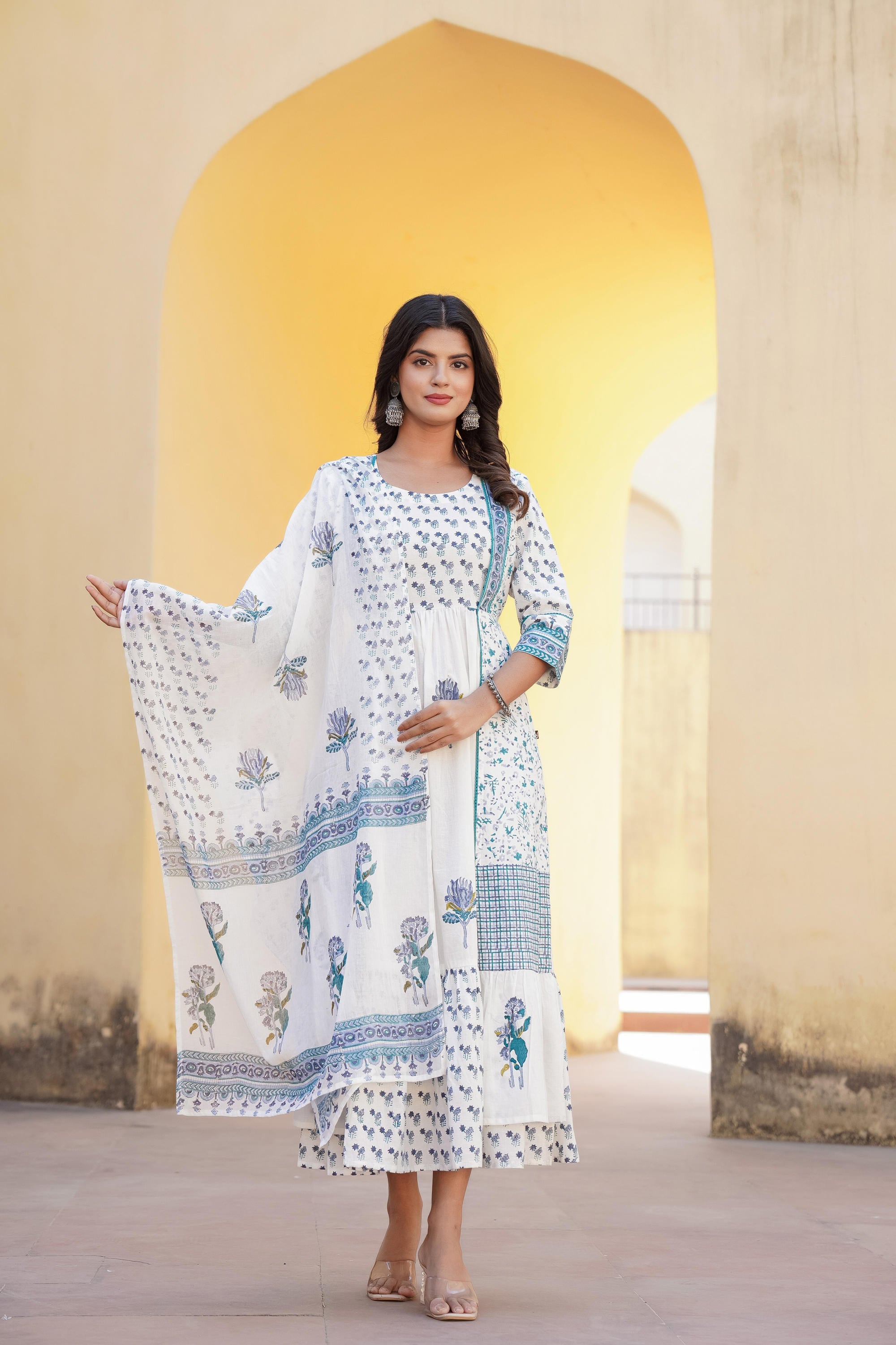 White Floral Printed Cotton Dress & Dupatta With Lace