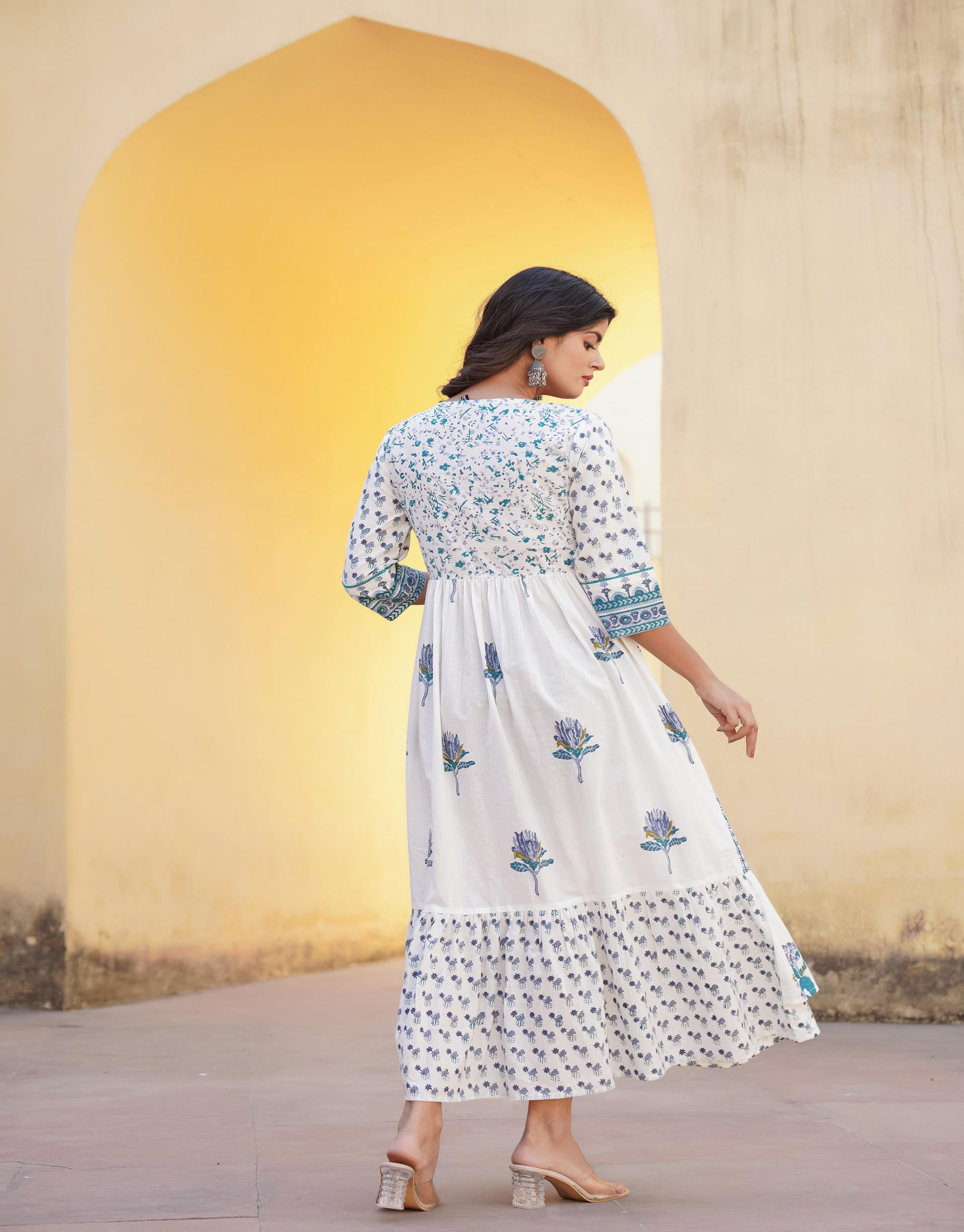 White Floral Printed Cotton Dress & Dupatta With Lace